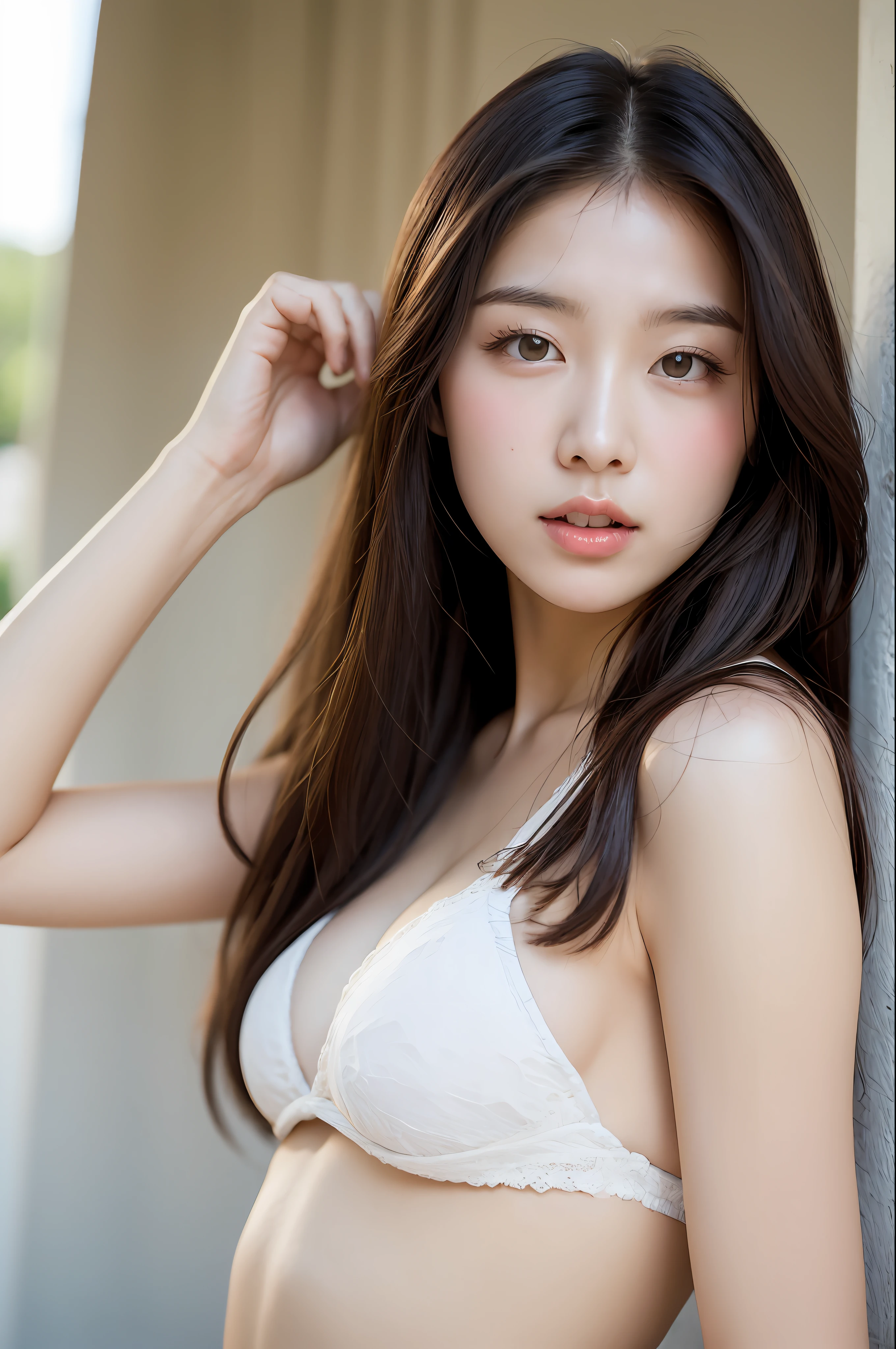 Cum on korea girl face, full body, nice face, nice body, high quality, white bikini, lace, long hair
