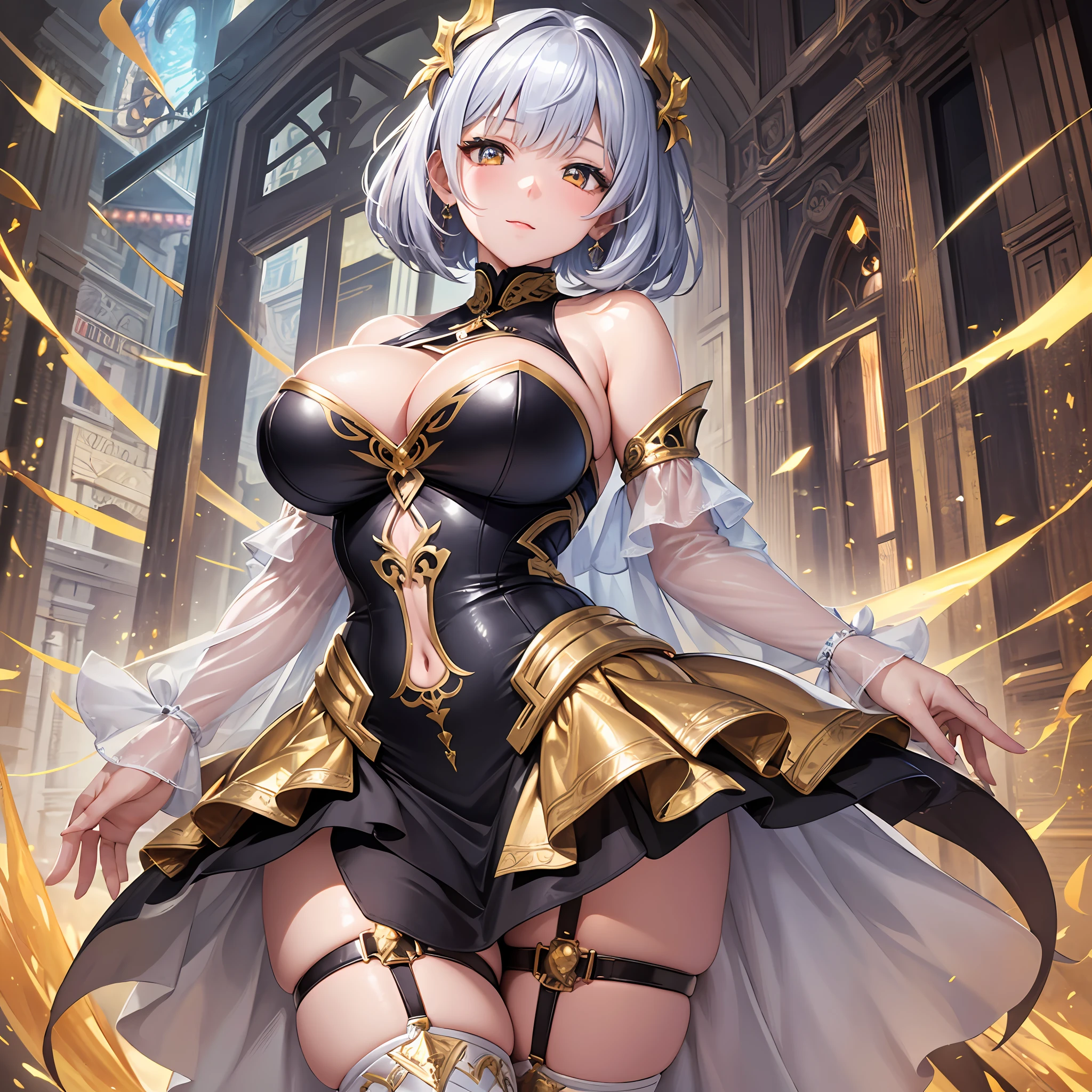 An ultra-high picture quality, Super Detail, High resolution, Anime, Manga, Illustration, Fantasy, super cute woman, Amorous expression, Flowing layered messy silver short bob, Big shining gold eyes, Huge breasts, under the boobs, great proportion, Full body, Body Fit See-Through Floral Mini Skirt Dress