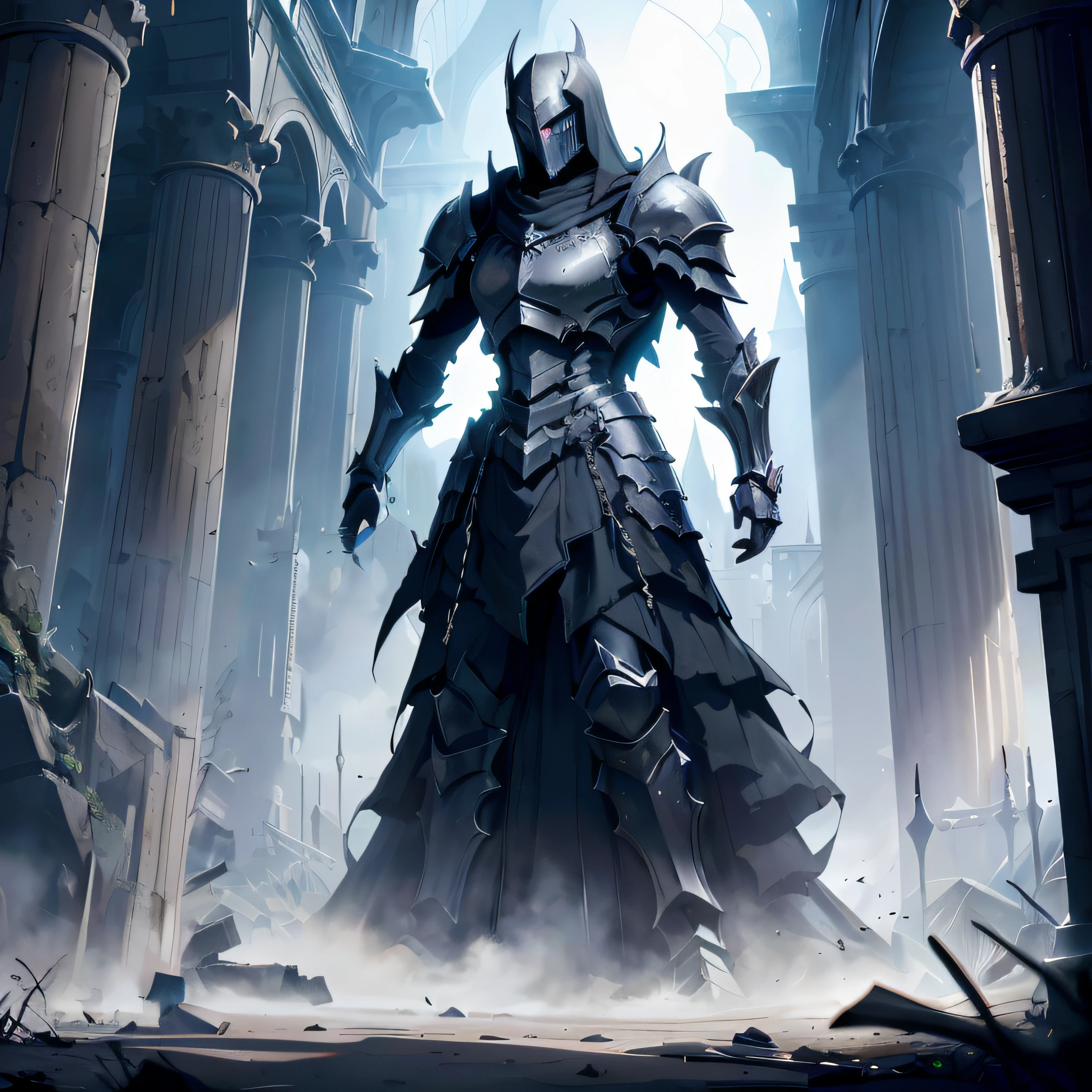 The knight of Alafeld in armor stands in a ruined building, ares with heavy armor and sword, dark soul armor concept, Angel Park, dark soul concept, The armor hand armor of the undead knight，, grimdark paladin, painted portrait of mordekaiser, full portrait of magical knight, guillem h. pongiluppi, Fallen Knight Armor, Evil Knight Hand Armor, Gothic knightly hand armor, pale black armor，Armor hand armor