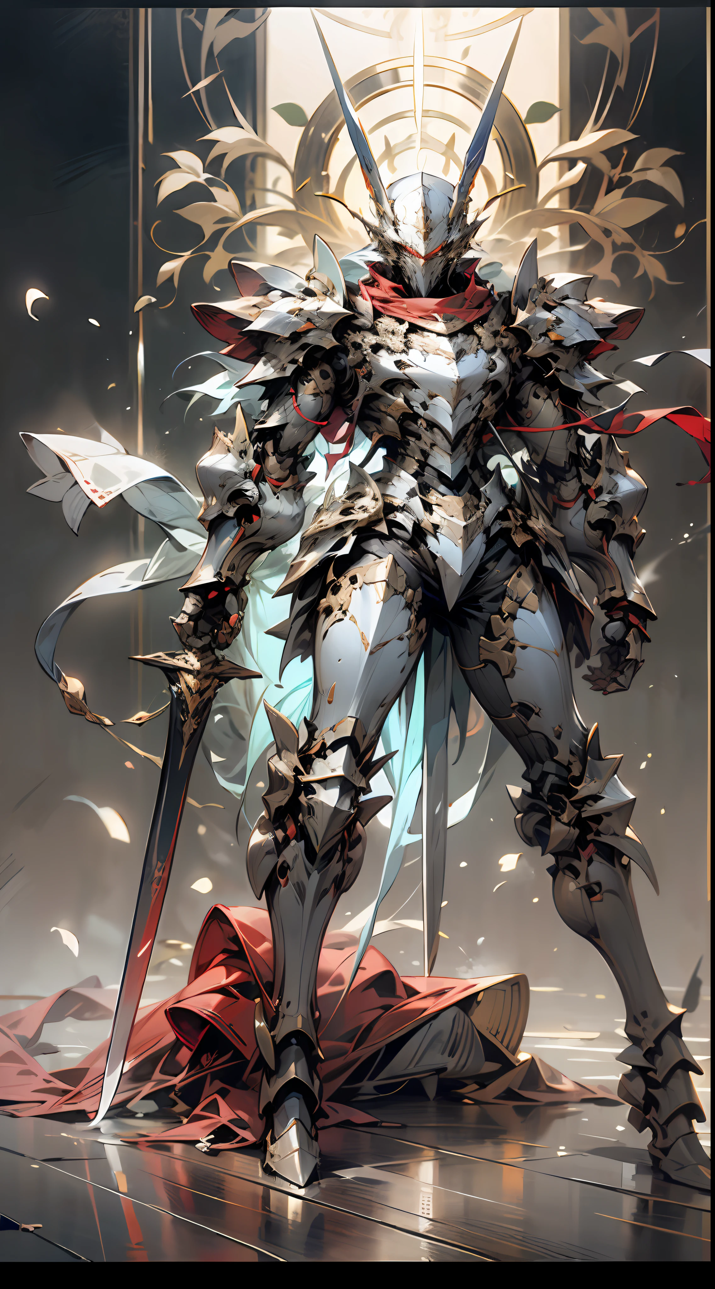 (Realism, photo realism: 1.3), (lens focal length: 35mm), backlight, a knight's mechanical armor, luxurious and exquisite shape, a blue glowing cross carved on the chest of the mecha, the mecha holds a red glowing wide and heavy armor sword, the red scarf sways in the wind, the knight's eyes are red flame light, and the battle posture is drawn
