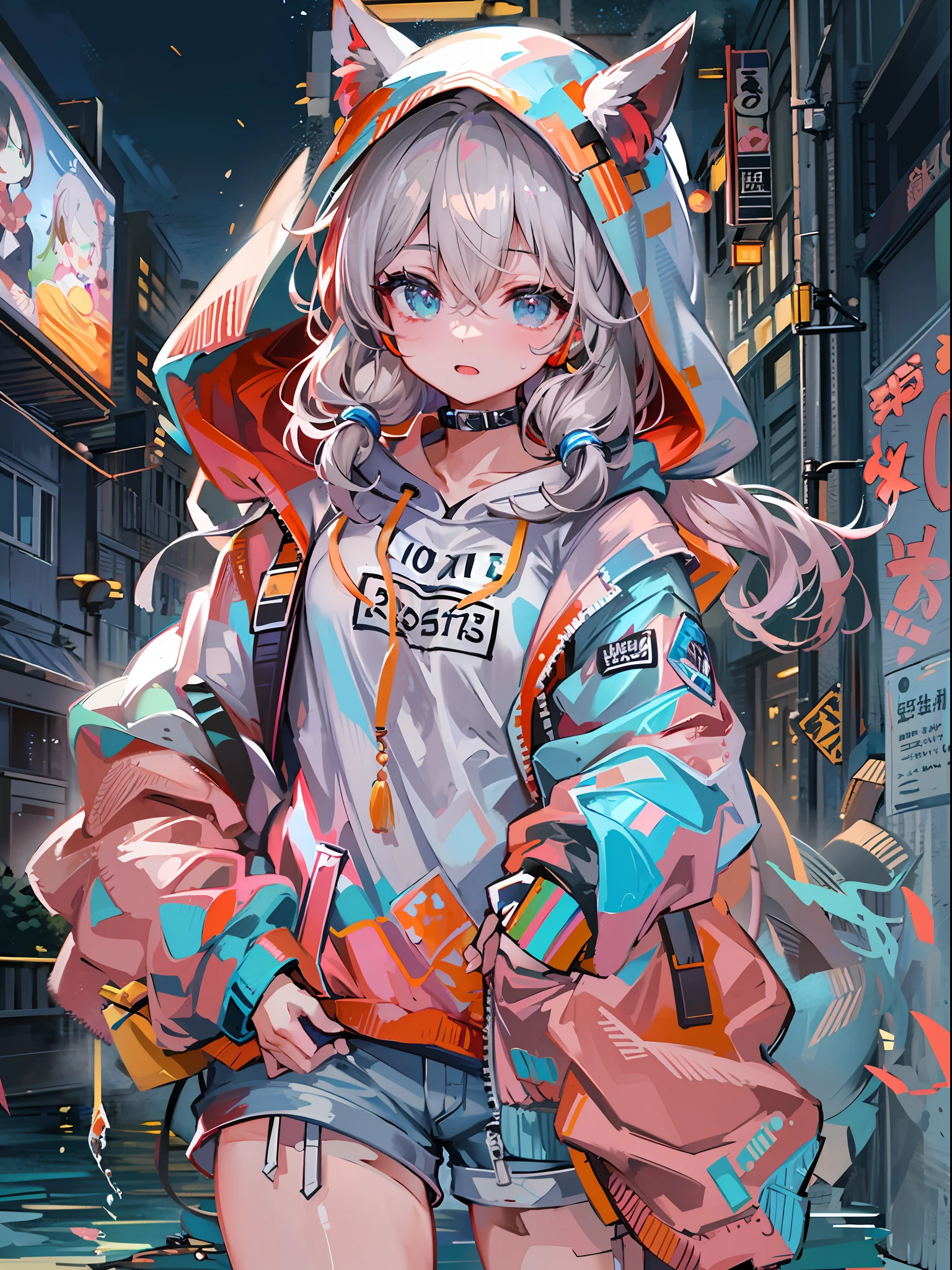 8K分辨率、((top-quality))、((​masterpiece))、((ultra-detailliert))、1 woman、独奏、incredibly absurdness、Oversized hoodies、headphones、Street、plein air、Sateen、Neon Street、Shortcut Hair、Brightly colored eyes、Hands in pockets、shortpants、water dripping