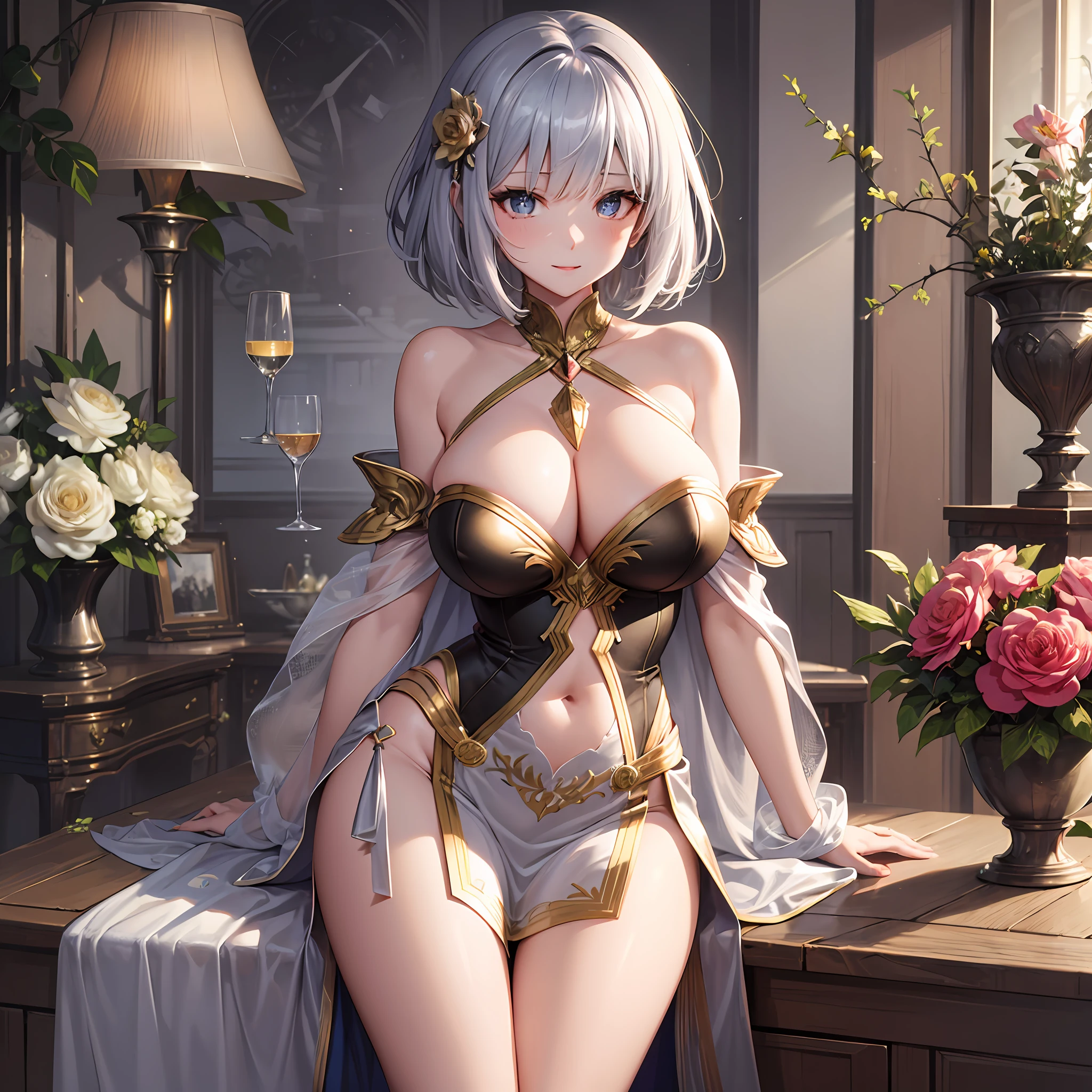 super high image, super detail, high resolution, anime, manga, illustration, fantasy, super cute lady, amorous expression, flowing layered messy silver short bob, sparkling big gold eyes, huge breasts, under boob, great proportion, full body, floral camisole dress