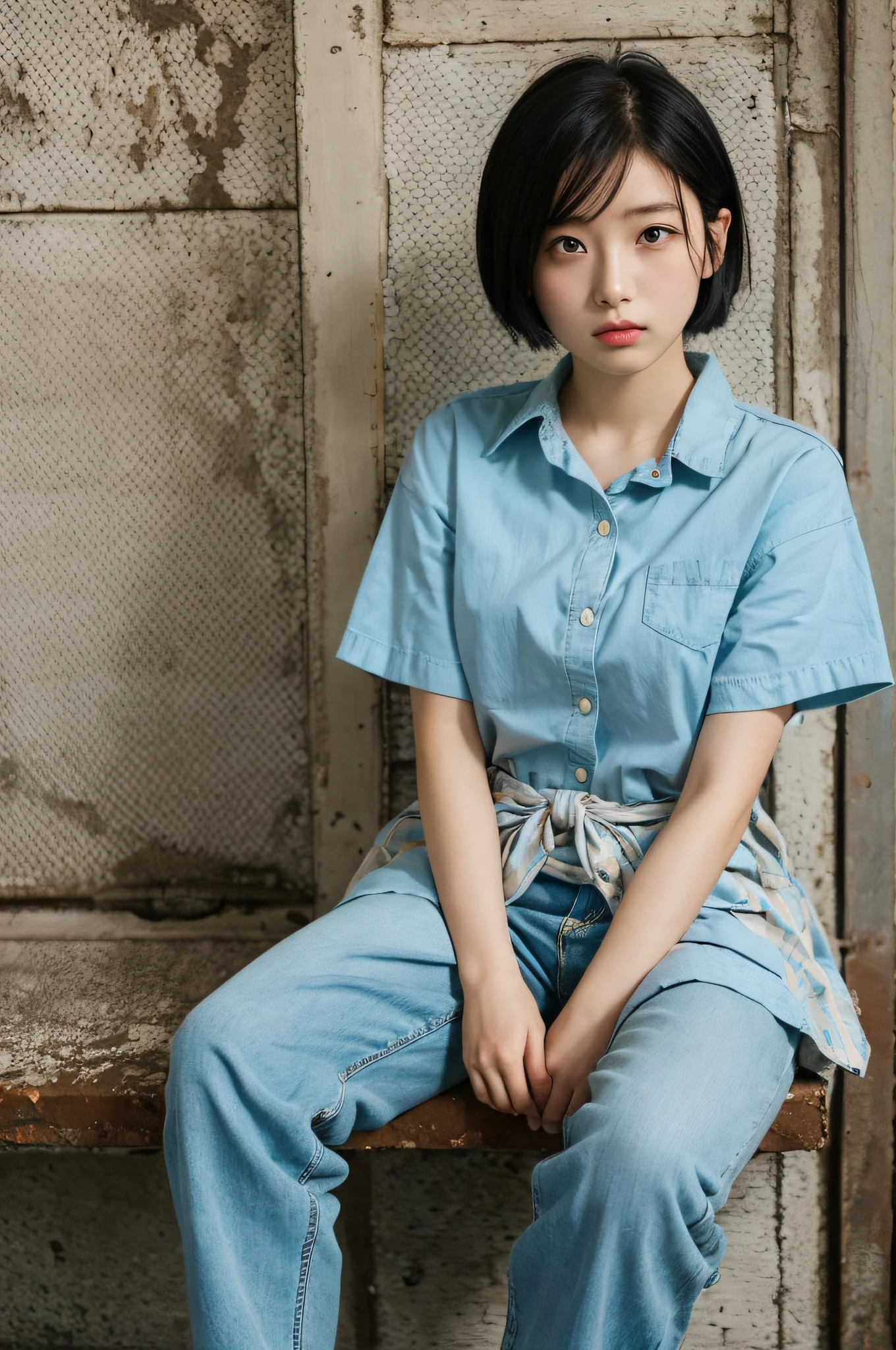 realisitic、Japanese high school girl、Light blue pants、sitting on、Open legs、Short black hair