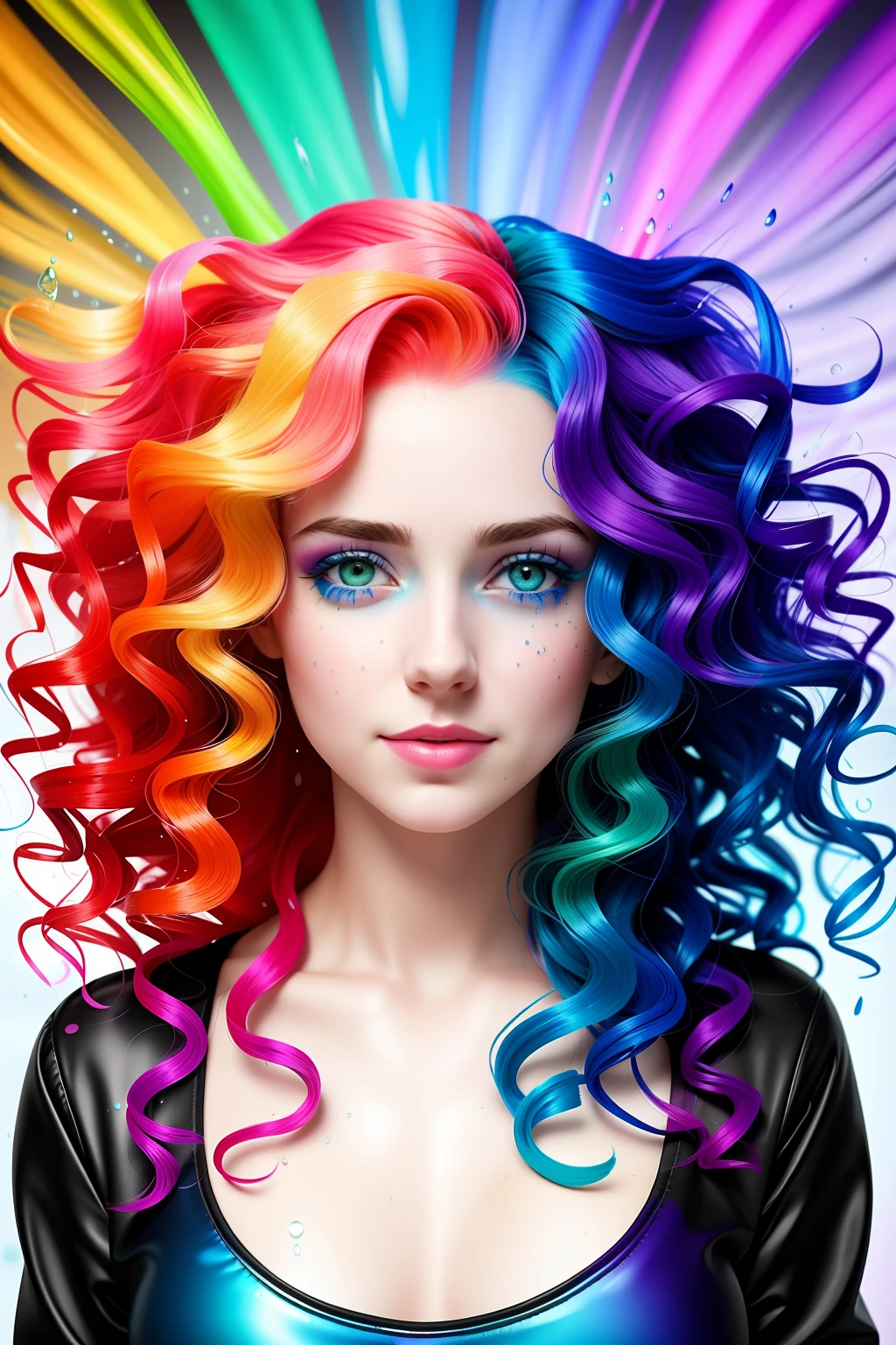 a woman with colorful hair standing in a stream of water, the curls are smeared with paint of different colors rainbow, a cute and beautiful young woman, hyper real photo, she is wearing a wet coat, beautiful young catgirl, dripping technique, discord pfp, 10 bit colour, neatly coming out of her head, spray, hdr, 8k