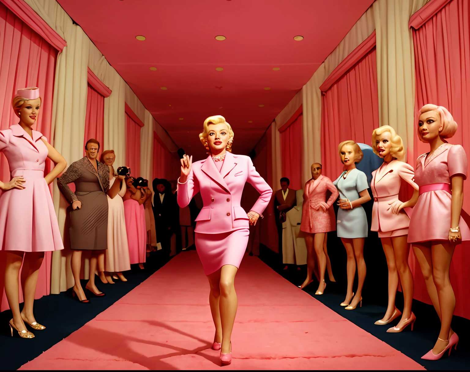 wes anderson style Marilyn Monroe is wearing a pink dress, walking on the pink carpet of the Barbie party, and many spotlights are taking pictures of her