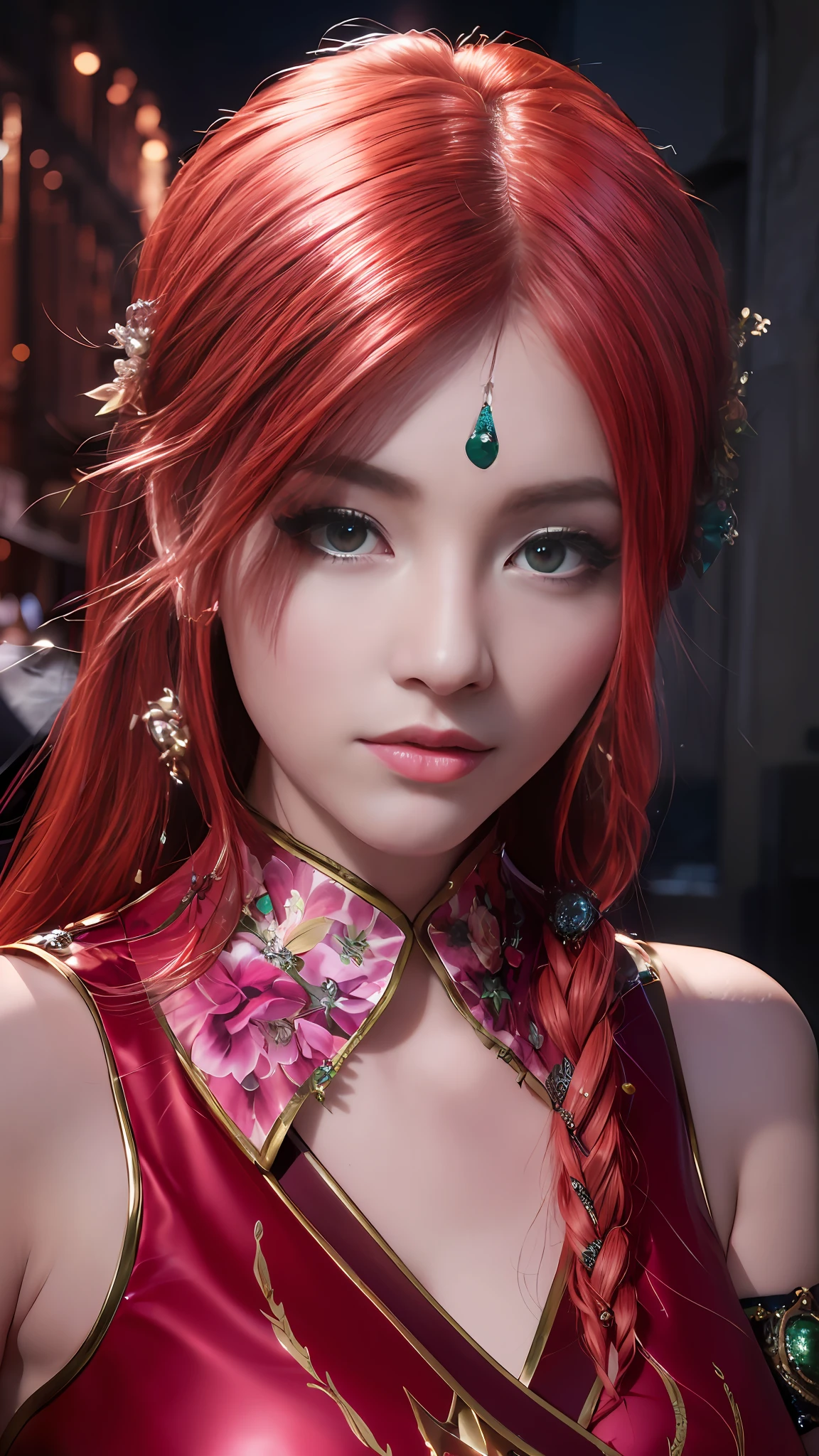 ((Best quality)), ((masterpiece)), official art, ultra detail, highres, ((beautiful detailed girl)), ((extremely detailed eyes and face)), (beautiful face: 1.2), 1girl, perfect body, thighhighs, 8K wallpaper, soft lightning, red hair, green eye, dept of field,