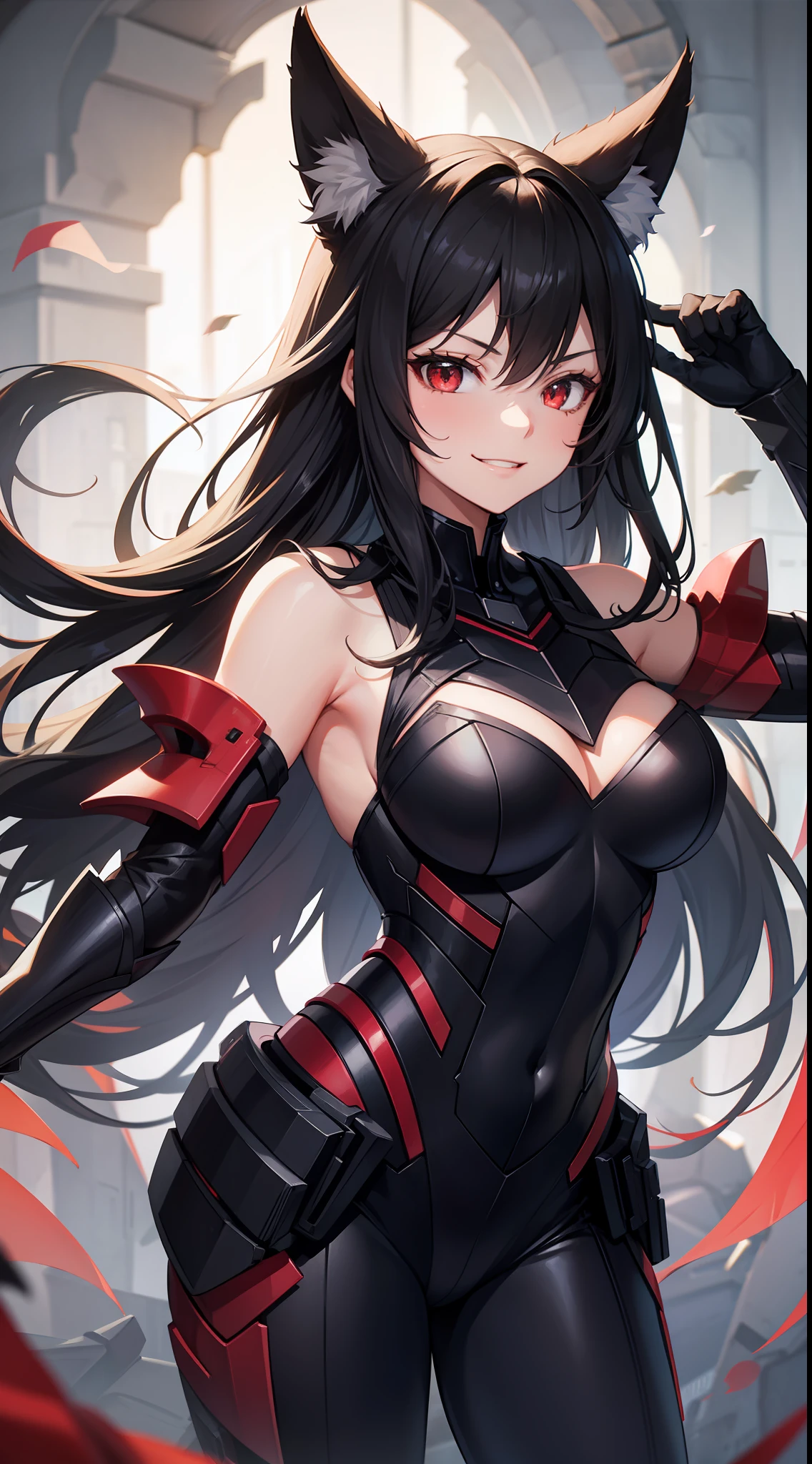 young girl, Long black hair, red-eyes, Fox ears, Decepticon armor, smirk, open breasts, Masterpiece, hiquality