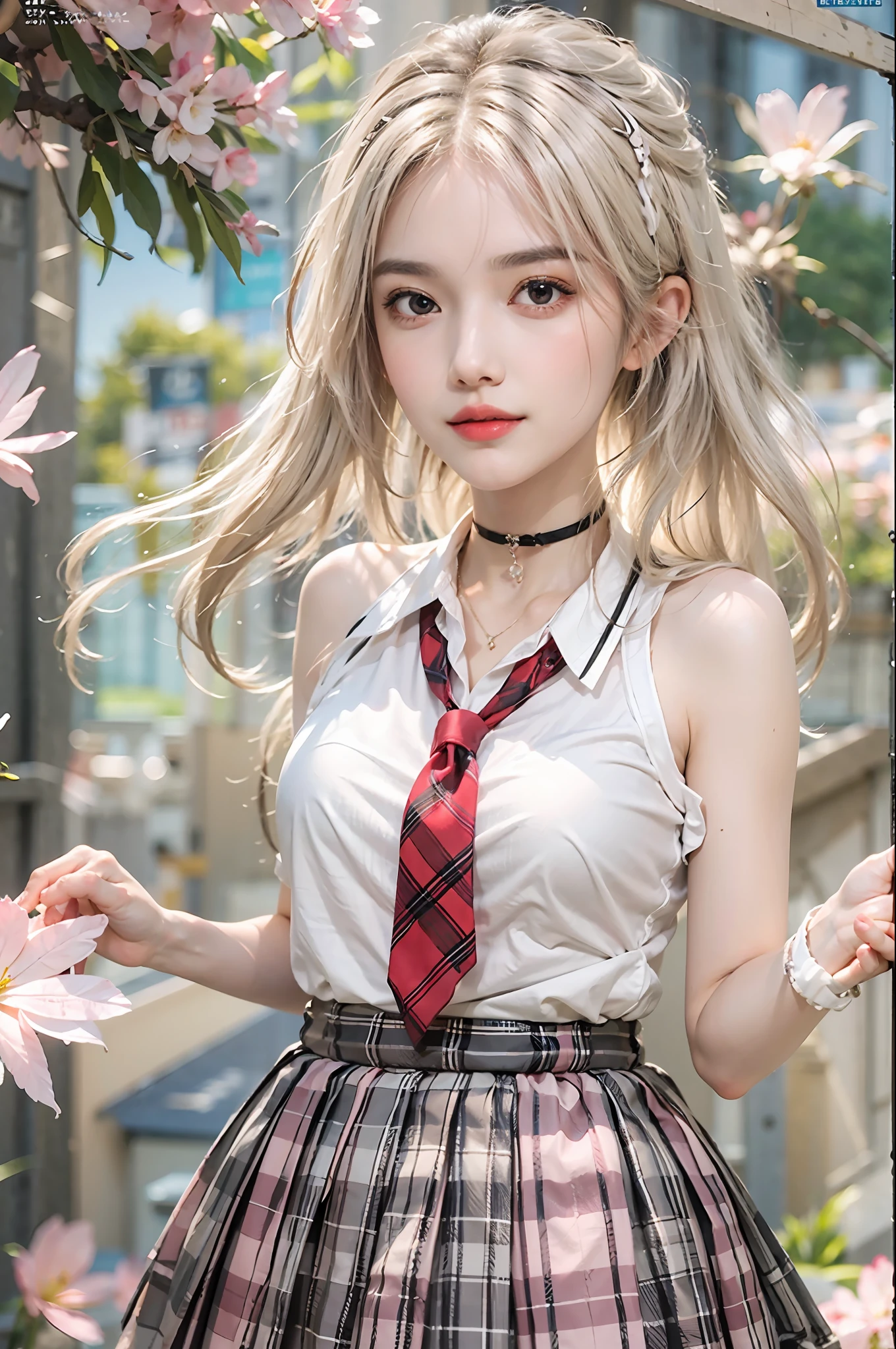 masterpiece, best quality, full body,
1girl, bangs, black choker, black necktie, blonde hair, blue skirt, blush, bracelet, breasts, choker, clothes around waist, collarbone, collared shirt, cowboy shot, dress shirt, ear piercing, eyebrows visible through hair, gradient hair, grin, gyaru, jewelry, kogal, long hair, looking at viewer, loose necktie, necktie, piercing, plaid, plaid skirt, pleated skirt, red eyes, ring, school uniform, shirt, skirt, smile, solo, white shirt,
street, sky, cherry blossoms, petals,illustration, (magazine:1.3), (cover-style:1.3), fashionable, woman, vibrant, outfit, posing, front, colorful, dynamic, background, elements, confident, expression, holding, statement, accessory, majestic, coiled, around, touch, scene, text, cover, bold, attention-grabbing, title, stylish, font, catchy, headline, larger, striking, modern, trendy, focus, fashion,