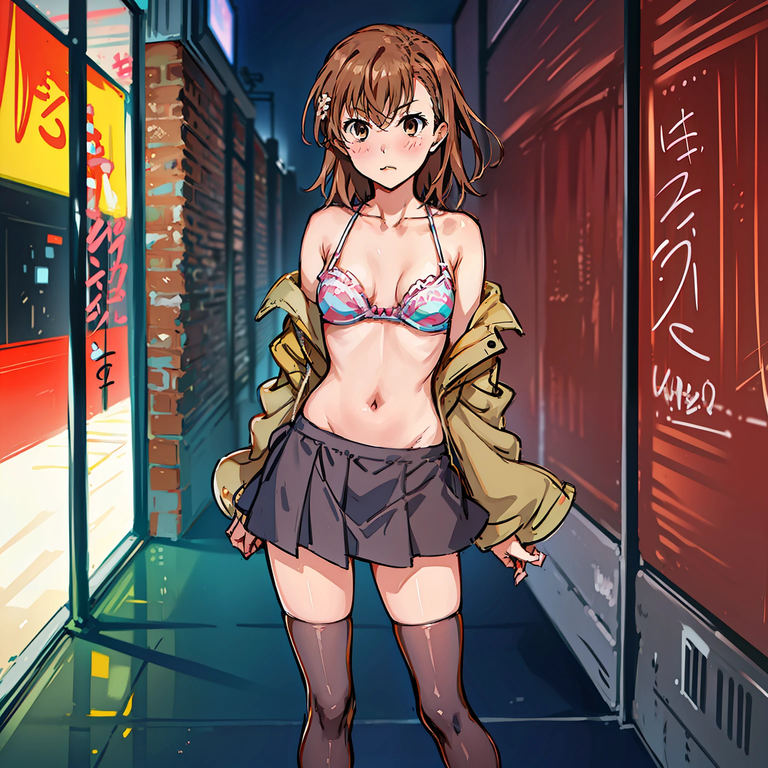 1girl, solo, misaka mikoto, li, short hair, brown hair, skirt very short, sujetador, brassiere, full body, top