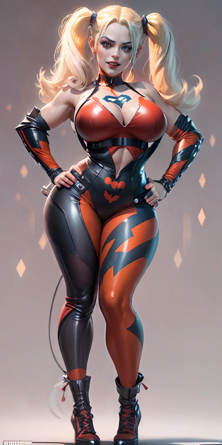 Harley Quinn from DC, big breasts, frontal, full-length, looking at the camera, facing the audience, standing pose, carnival background, three-dimensional light, detailed full-body concept, sleek digital concept art, beautiful full-body concept art, art trend, CGsociety full-length,