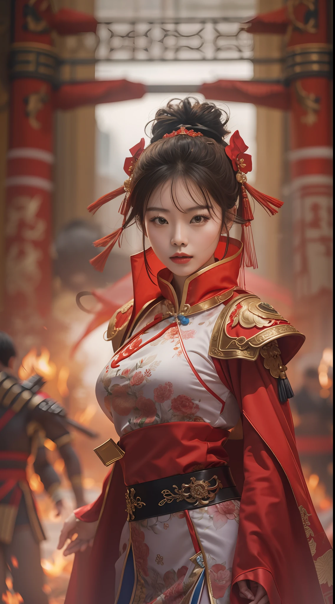 Realisticstyle，A Chinese woman in a red costume is preparing to enter the battle，staredown，People around are fighting，fire glow，Close-up of people，Blurred background，tmasterpiece，high qulity，8K
