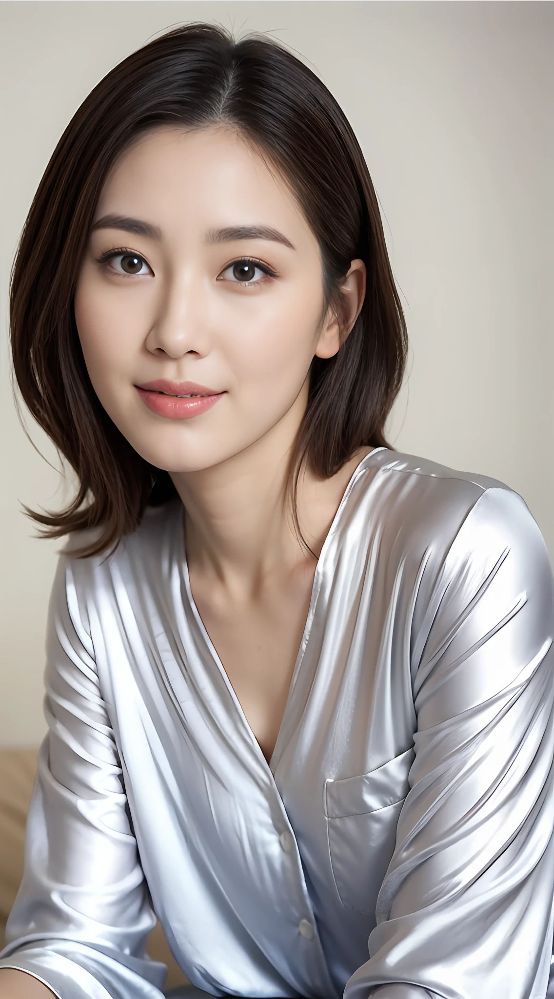 Japan woman in silver pajamas sitting on bed