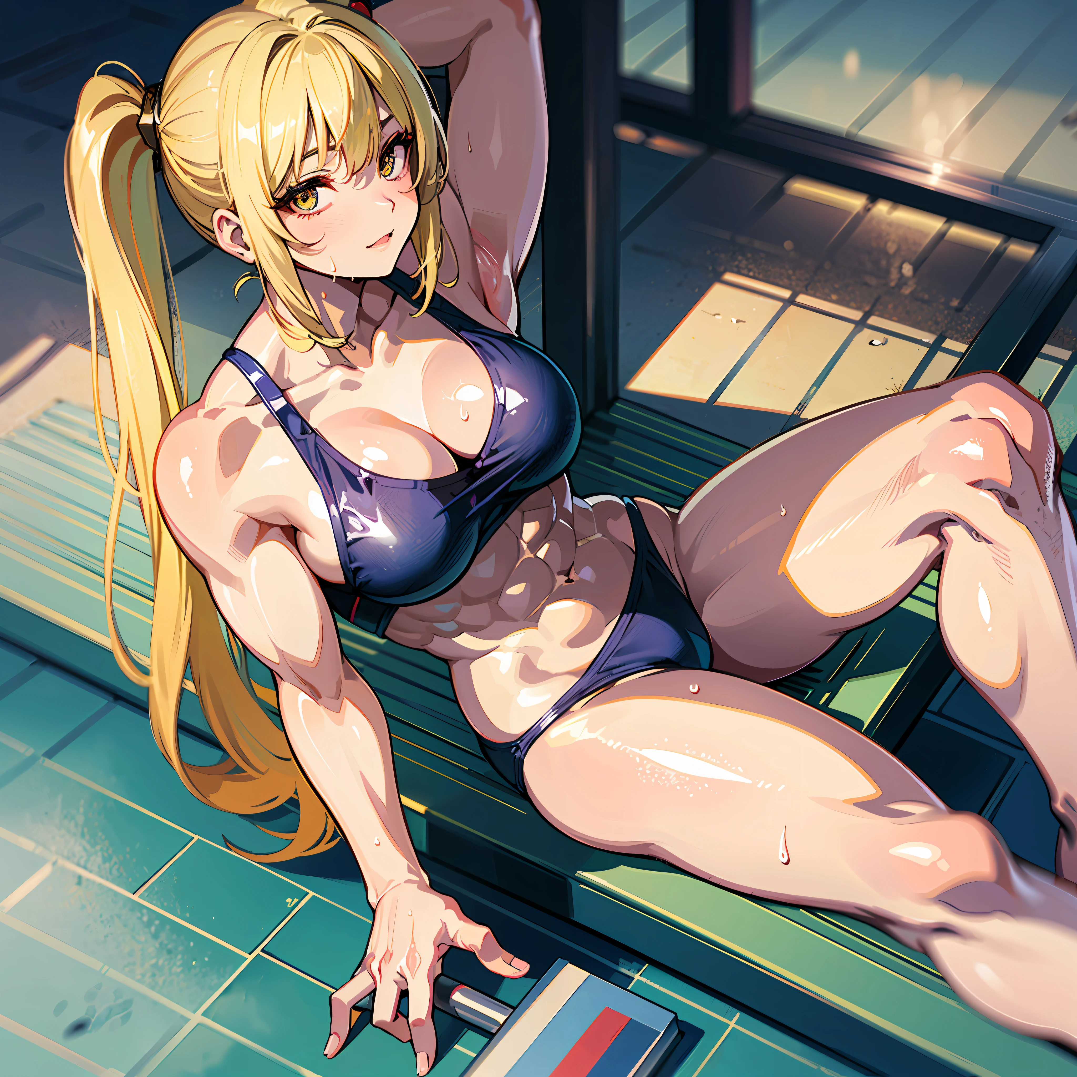((masterpiece))、((Top image quality))、((top-quality))、(((Illustration of one woman)))、(((Muscle Girl)))、full body Esbian、((30-years old))、((neuter))、((Blonde twintails))、Light golden eyes、((Long body))、(((perspiring)))、((Body wet with sweat))、(((Muscular and strong body)))、((Split abs))、(((muscular and thick arms)))、(((muscular and thick legs)))、((manspreading))、((Sports Swimwear))、Sitting on a deck chair、in poolside