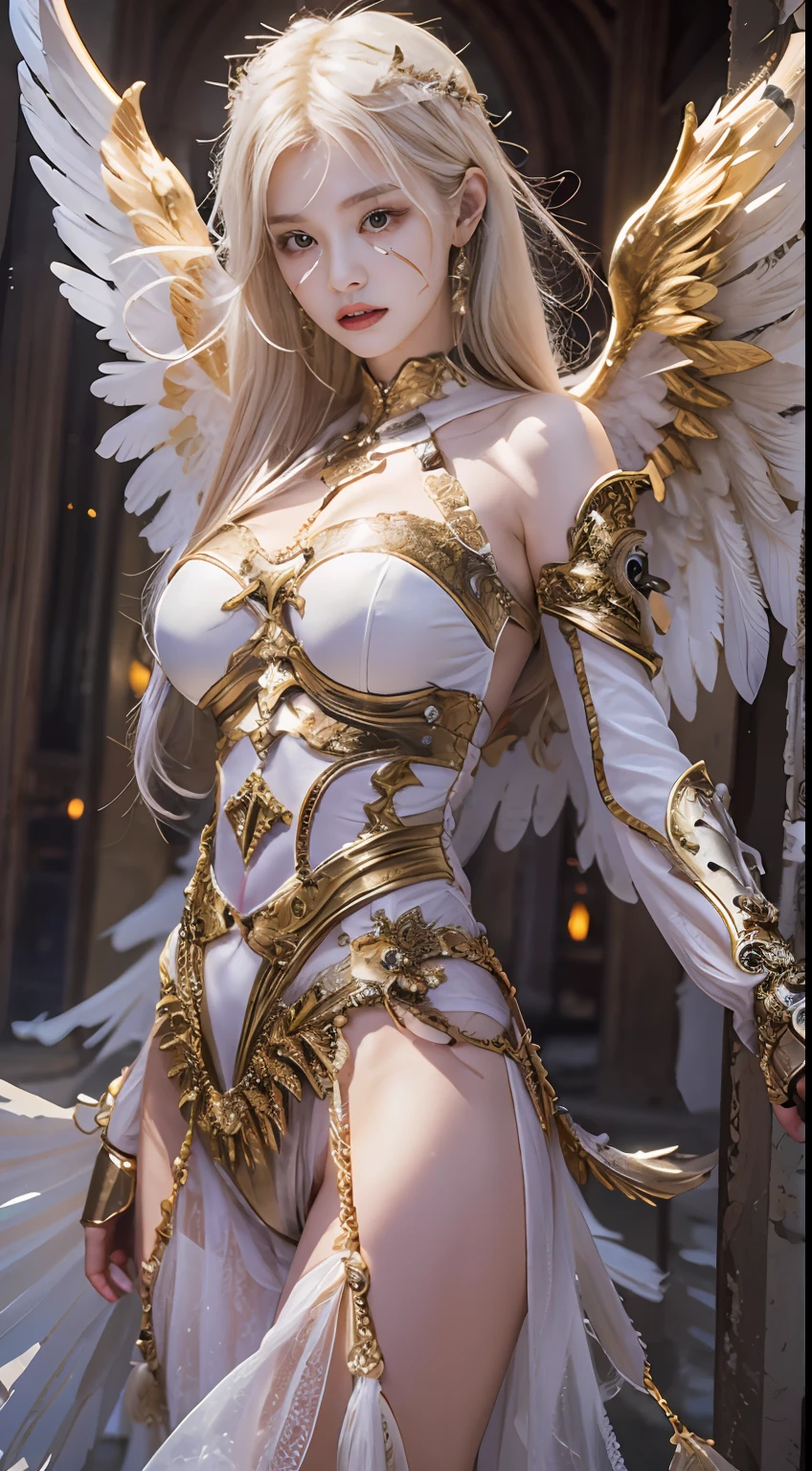 （8K，Best picture quality：1.2），（tmasterpiece：1.37），（photore，realisticlying：1.37），（超高分辨率），realisticlying，photographed，((Meticulous facial features))，A half body，（Valkyrie，holy paladin：0.6）Beautiful design，Shiny，huge tit，Slim body，(the angel's wings)，undergarments，belly-bar，complex，Korea（High quality background inside ruined church empty at night) , (high detal) , 电影灯光