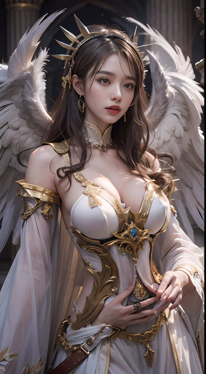 (8K,Best picture quality:1.2),(tmasterpiece:1.37),(photore,realisticlying:1.37),(超高分辨率),realisticlying,photographed,((Meticulous facial features)),A half body,(Valkyrie,holy paladin:0.6)Beautiful design,Shiny,huge tit,Slim body,(the angel's wings),undergarments,belly-bar,complex,Korea(High quality background inside ruined church empty at night) , (high detal) , 电影灯光