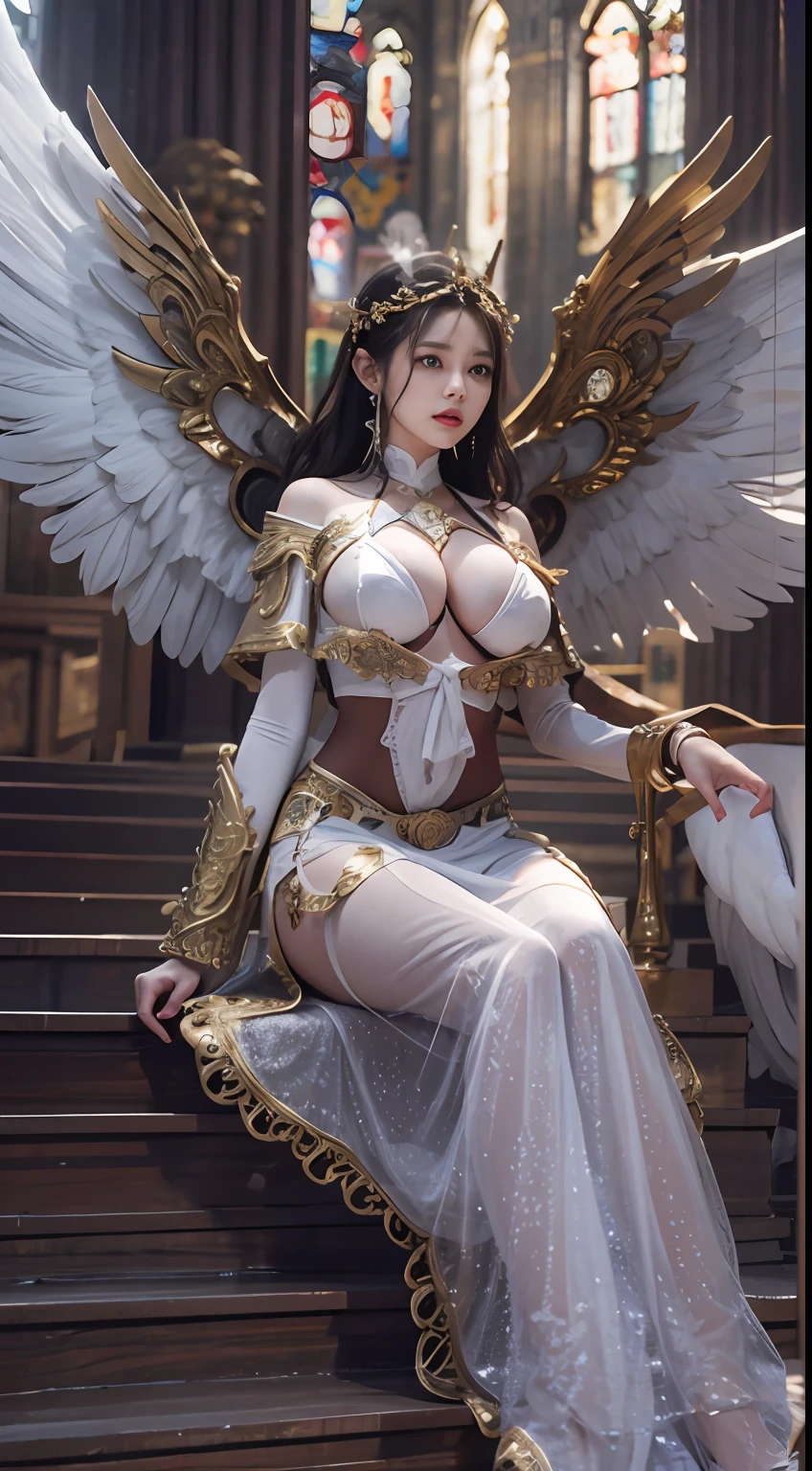 (8K,Best picture quality:1.2),(tmasterpiece:1.37),(photore,realisticlying:1.37),(超高分辨率),realisticlying,photographed,((Meticulous facial features)),A half body,(Valkyrie,holy paladin:0.6)Beautiful design,Shiny,huge tit,Slim body,(the angel's wings),undergarments,belly-bar,complex,Korea(High quality background inside ruined church empty at night) , (high detal) , 电影灯光