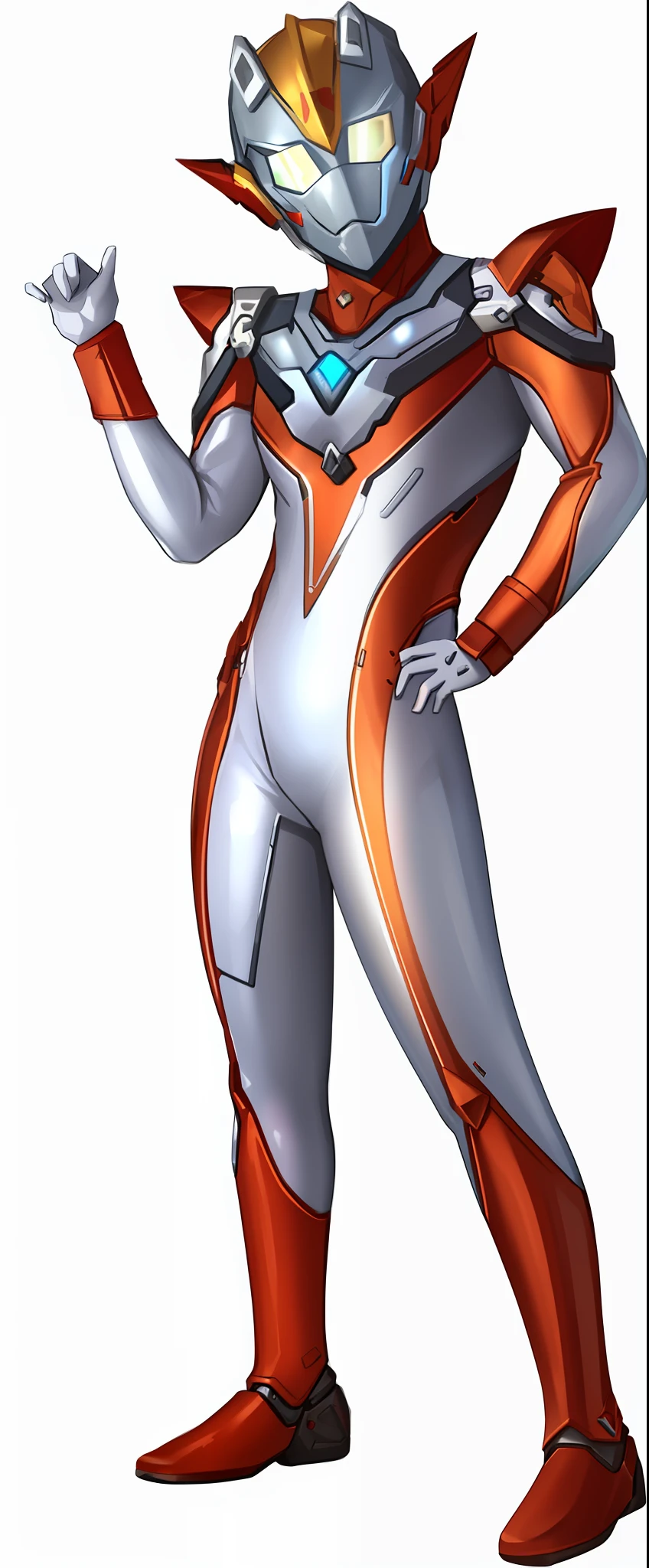 Close-up of a man in a silver and orange suit, Ultraman, full body zenkai! asuka suit, Gordon Freeman(Gordon Freeman)Playing as a woman, samus aran bioorganic varia suit, futuristic glossy latex suit, silver space suit, leeloo outfit, as a retro futuristic heroine, cyber japan armor, science fiction suit, echo from overwatch