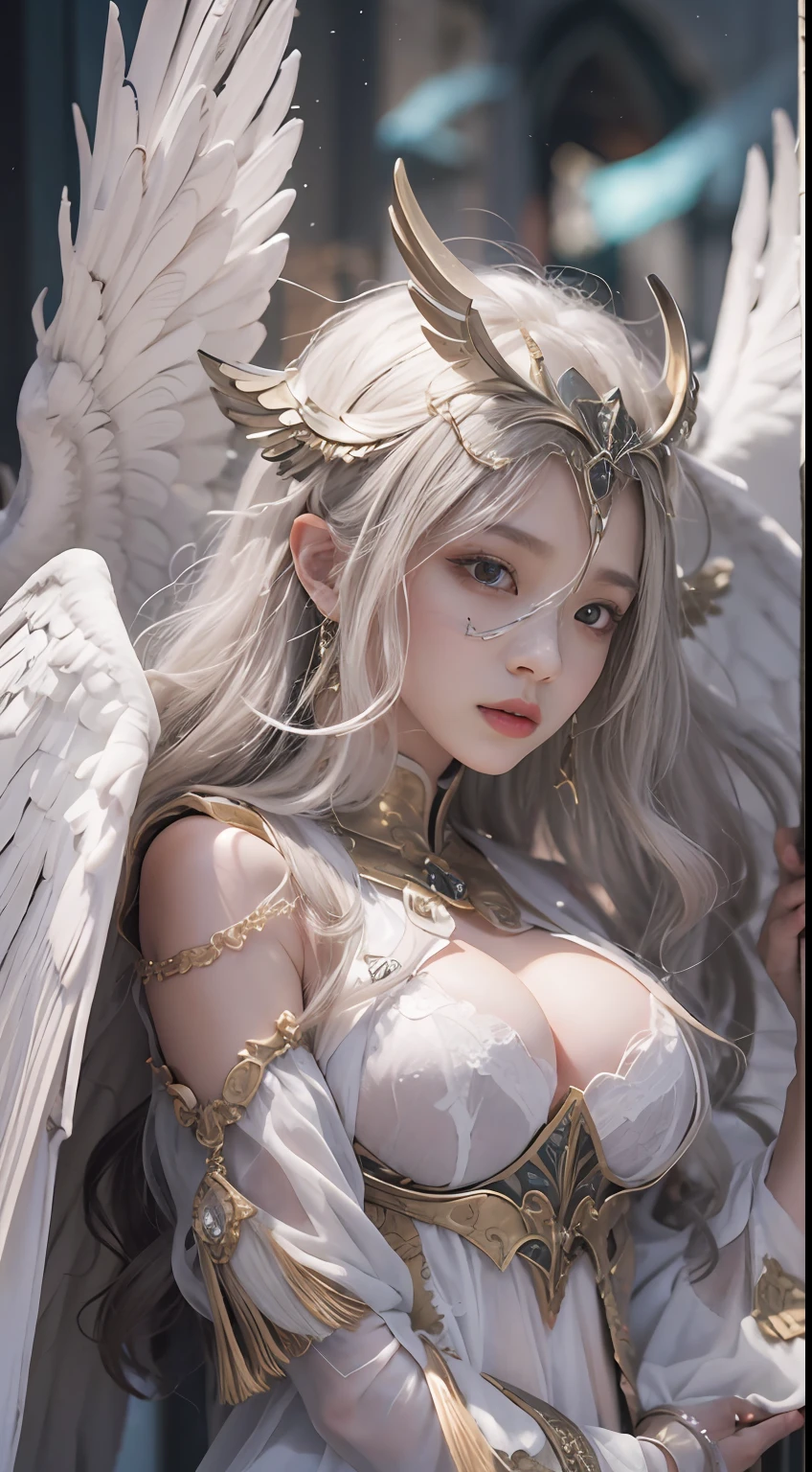 （8K，Best picture quality：1.2），（tmasterpiece：1.37），（photore，realisticlying：1.37），（超高分辨率），realisticlying，photographed，((Meticulous facial features))，A half body，（Valkyrie，holy paladin：0.6）Beautiful design，Shiny，huge tit，Slim body，(the angel's wings)，undergarments，belly-bar，complex，Korea（High quality background inside ruined church empty at night) , (high detal) , 电影灯光