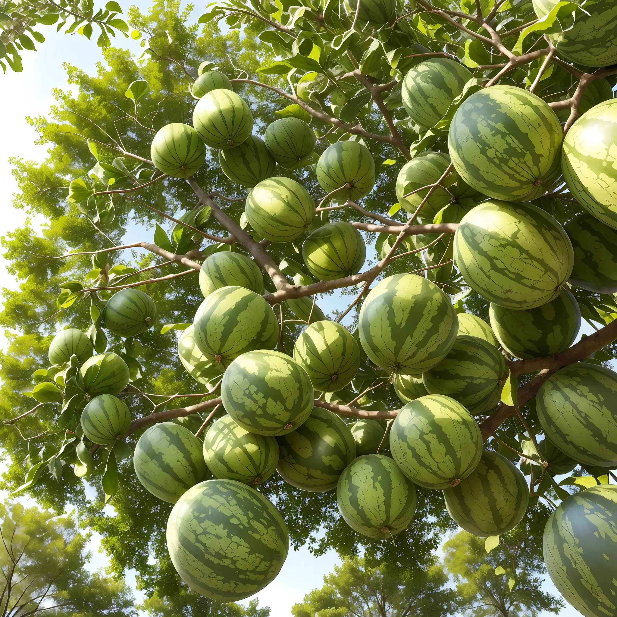 There are a lot of watermelons hanging from trees in the park, water melon, fruit trees, water melon, watermeloncore, with fruit trees, garden with fruits on trees, look from down, stunning  visuals, Beautiful image, author：Tom Wenerstrand, look from down, view from bottom to top, material is!!! water melon!!!, Savannah