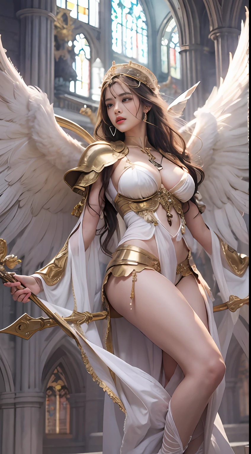 （8K，Best picture quality：1.2），（tmasterpiece：1.37），（photore，realisticlying：1.37），（超高分辨率），realisticlying，photographed，((Meticulous facial features))，A half body，（Valkyrie，holy paladin：0.6）Beautiful design，Shiny，huge tit，Slim body，(the angel's wings)，undergarments，belly-bar，complex，Korea（High quality background inside ruined church empty at night) , (high detal) , 电影灯光