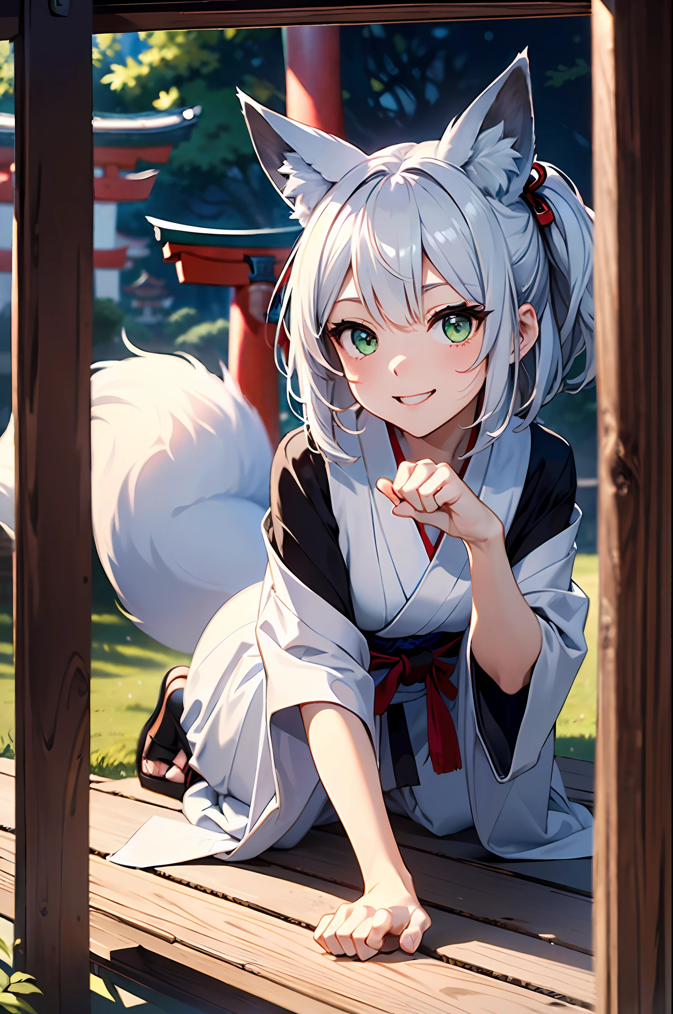 (top-quality、in 8K、32K、​masterpiece、nffsw、ighly detailed:1.2)、Full body, (blue open sky、jpn、torii gate、shrines:1.4)、beautiful shadow、beauitful face、blurry backround、20-year-old beautiful girl、shinny skin, (１The fox tail of the book grows:1.3)、Beautiful silver hair、short-hair、(poneyTail:1.2)、Deep green eyes、Fox ears、shrine maiden clothe、Naughty smile、Opening Mouth、On all fours、(PAW Pose:1.2)、