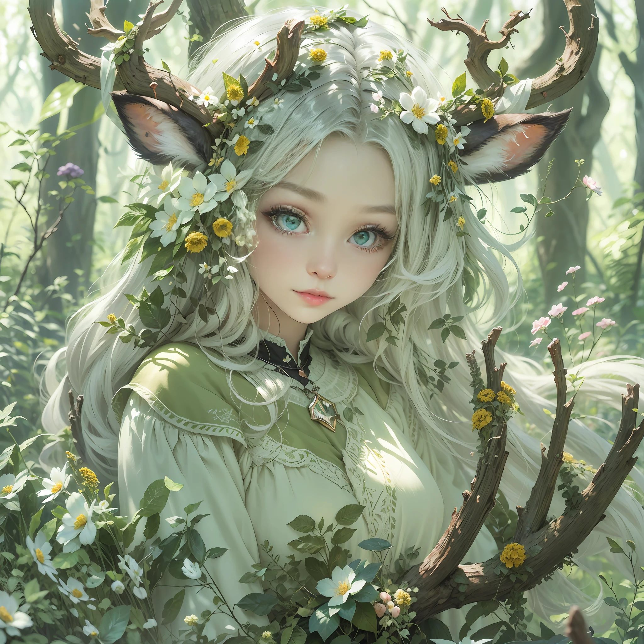 Good-looking premium graphic illustration，Best quality, Soft lighting, (Depth_af_Field:1.3),(Solo:1.4), [Close-up], (1girll), Detailed beautiful green eyes, (Silvery hair) , deers_hor ears, Beautiful_deers_deer antlers ,bearings_sleeve, full bloom, Looking_at_peeping at the viewer,flor branca,colorful butterfly, (fantastic colorful),Fluorescence, (forest:1.25), tree_Shade, (flowers meadows:1.4),