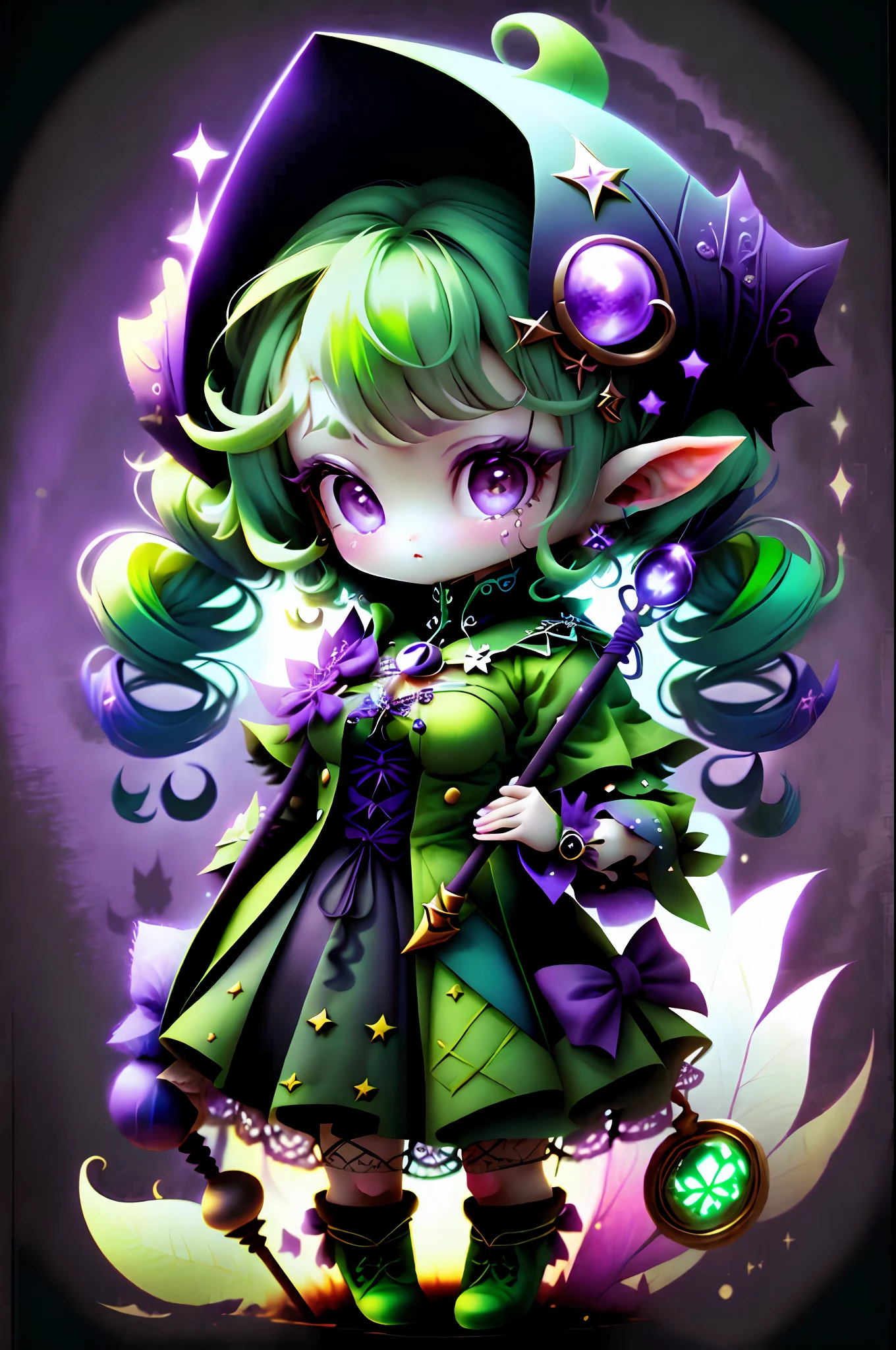 plastican00d, sorceress woman, tchibi, black, twin drills, black, Magnificent,view the viewer, paneled background,ta prostitute,elvish ears,Green hair,holding a staff,Purple clothes