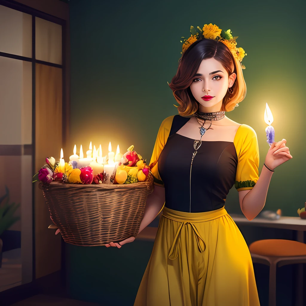 melhor qualidade: 1.1), (Realistic: 1.1), (fotografia: 1.1), (Detalhes Adicionais: 1.1), Um homem usa uma camisa de futebol do brasil，Woman with a fruit basket on her head, Um abacaxi no cabelo, (sentado na cama verde e amarelo), Corar, Shy, preto_Hair, abacaxi, olhando para baixo, (2 velas de macumba), Brasilian_Clothes, Cortinas, Brincos, Hair_decorations, Interiores, jewelries, curtas_Mangas, vestido amarelo, red lip, borlas do mamilo, (Colcha verde e amarelo), (motel brasileiro: 1.2),