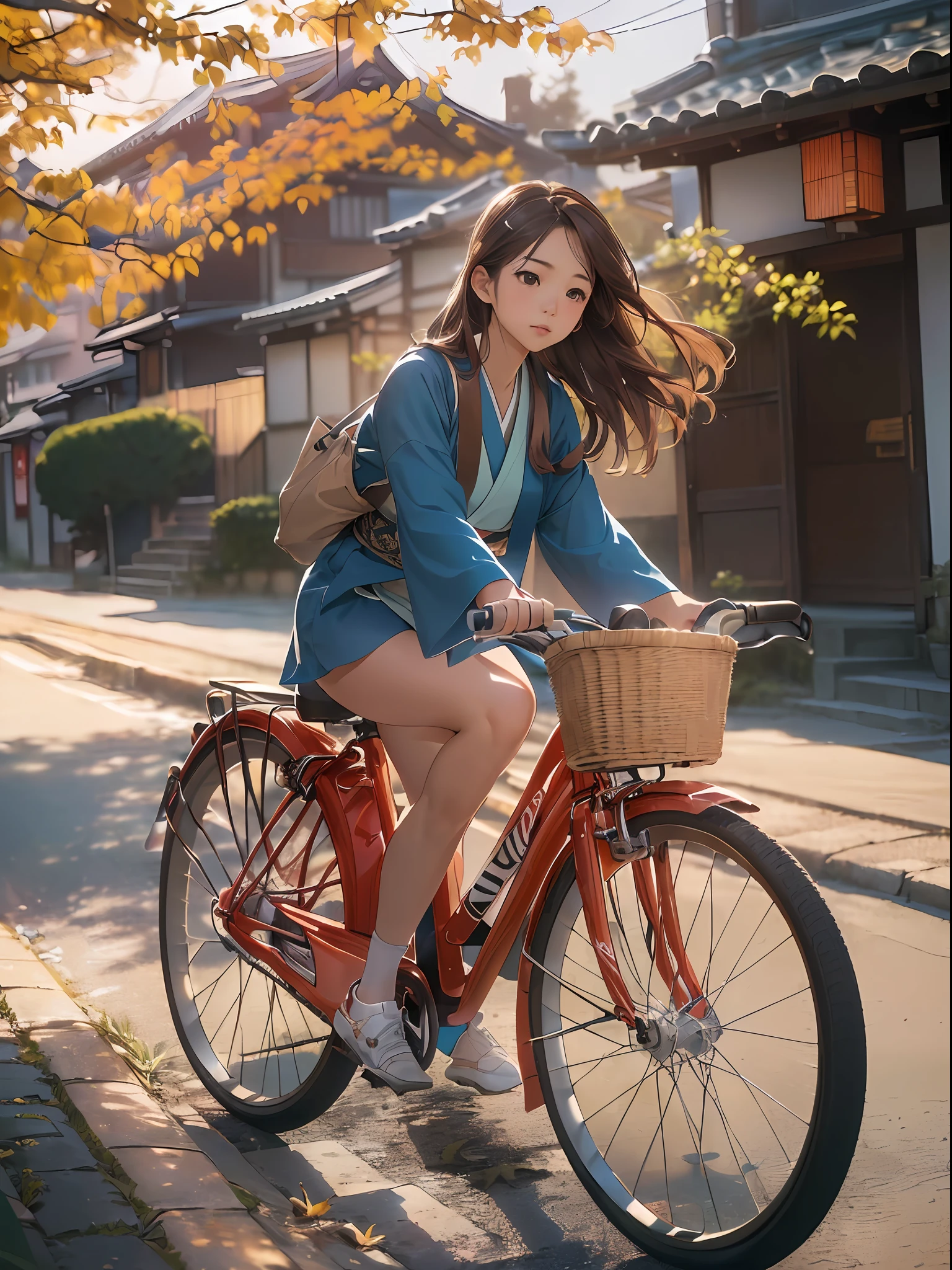 (masterpiece, high resolution, photo-realistic:1.4), (Japanese girl:1.3), (heading to morning class:1.2), (riding her vibrant red bicycle:1.2), (flowing brown hair dancing in the wind:1.3), (serene and narrow street:1.2), (sparsely populated:1.1), (traditional Japanese houses lining the road:1.2), (soft morning sunlight:1.2), (peaceful and quiet ambiance:1.2), (Canon EOS R5 mirrorless camera:1.2), (paired with a Canon RF 35mm f/1.8 IS Macro STM lens:1.2), (capturing intricate details and colors:1.2), (ensuring sharpness and clarity:1.1), (highlighting the girl's natural beauty:1.2), (celebrating the charm of a tranquil morning ride:1.1).