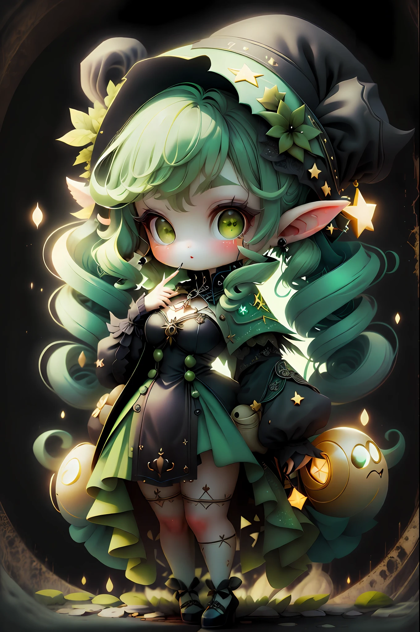 plastican00d, sorceress woman, tchibi, black, twin drills, black, Magnificent,view the viewer, paneled background，Lolita prostitute，elvish ears，Green hair