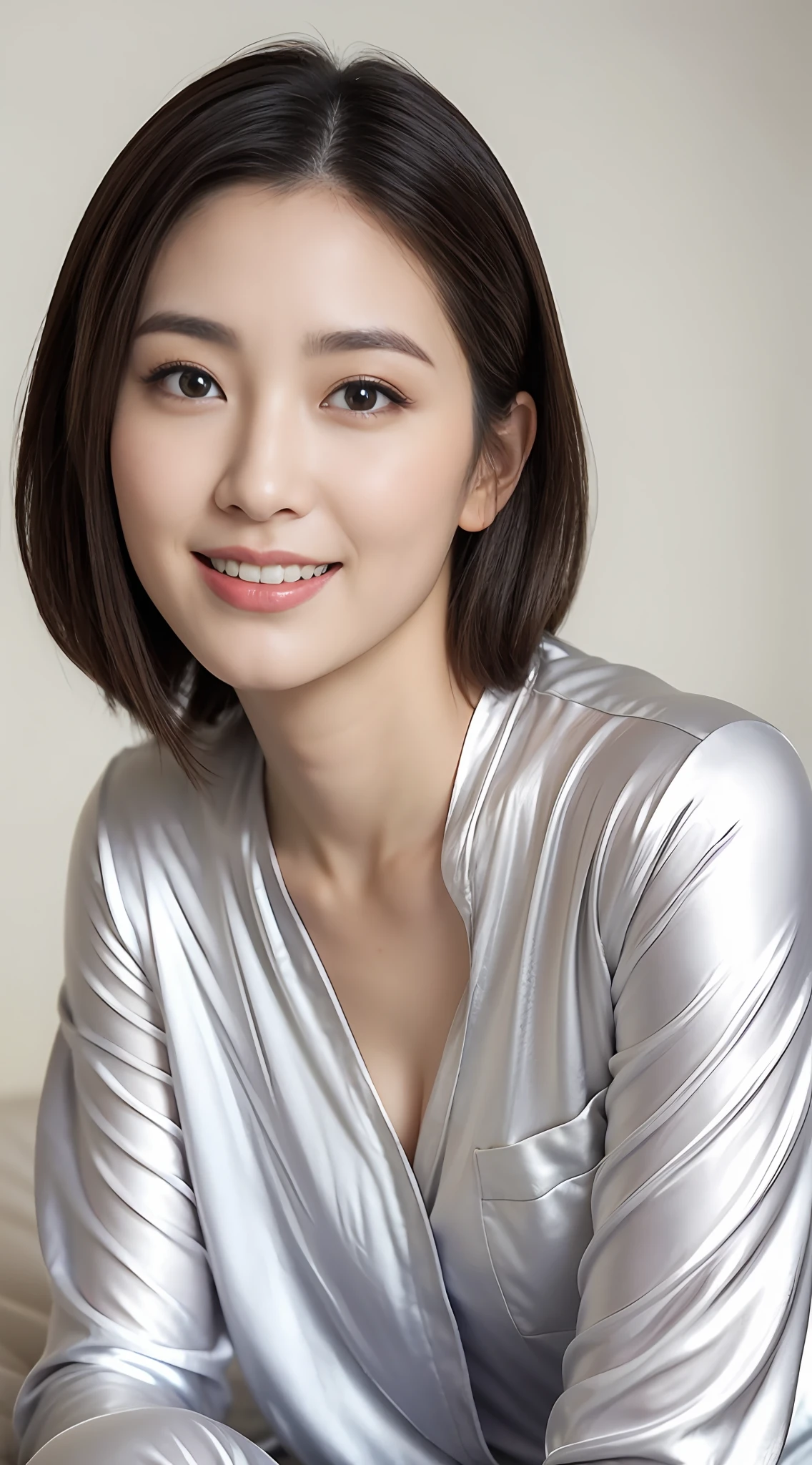 Japan woman in silver pajamas sitting on bed