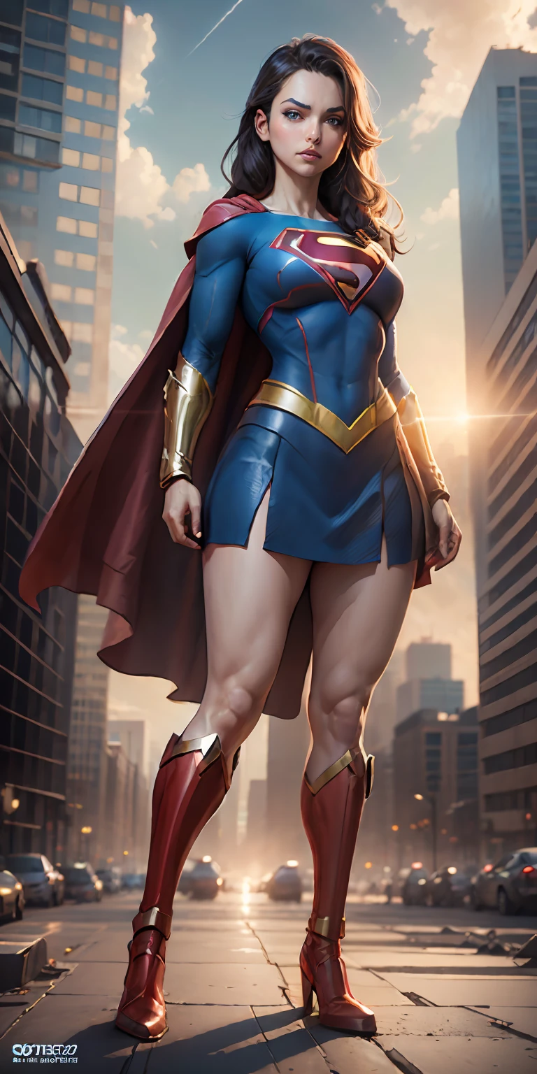 Supergirl from DC, big breasts, frontal, full-length, looking at the camera, facing the audience, standing pose, sky over Metropolis background, three-dimensional light, detailed full-body concept, sleek digital concept art, beautiful full-body concept art, art trend, CGsociety full-length,