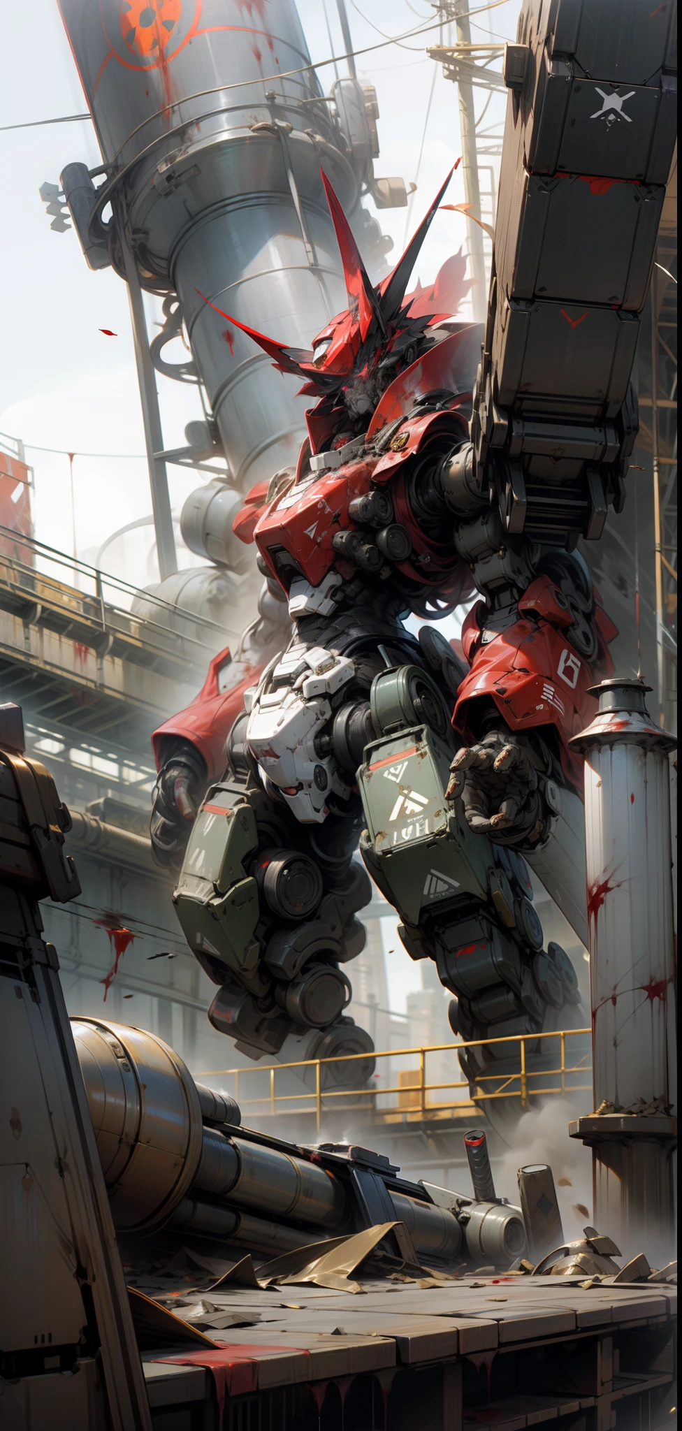 A giant titan robot,Gold and red exterior,one-eyed,Blood-red eyes,A blood-red one-eyed eye that emits a red light,Hexagonal one-eyed,The extent of the damage to the Titan robot:2,huge weapon,Huge missile launcher