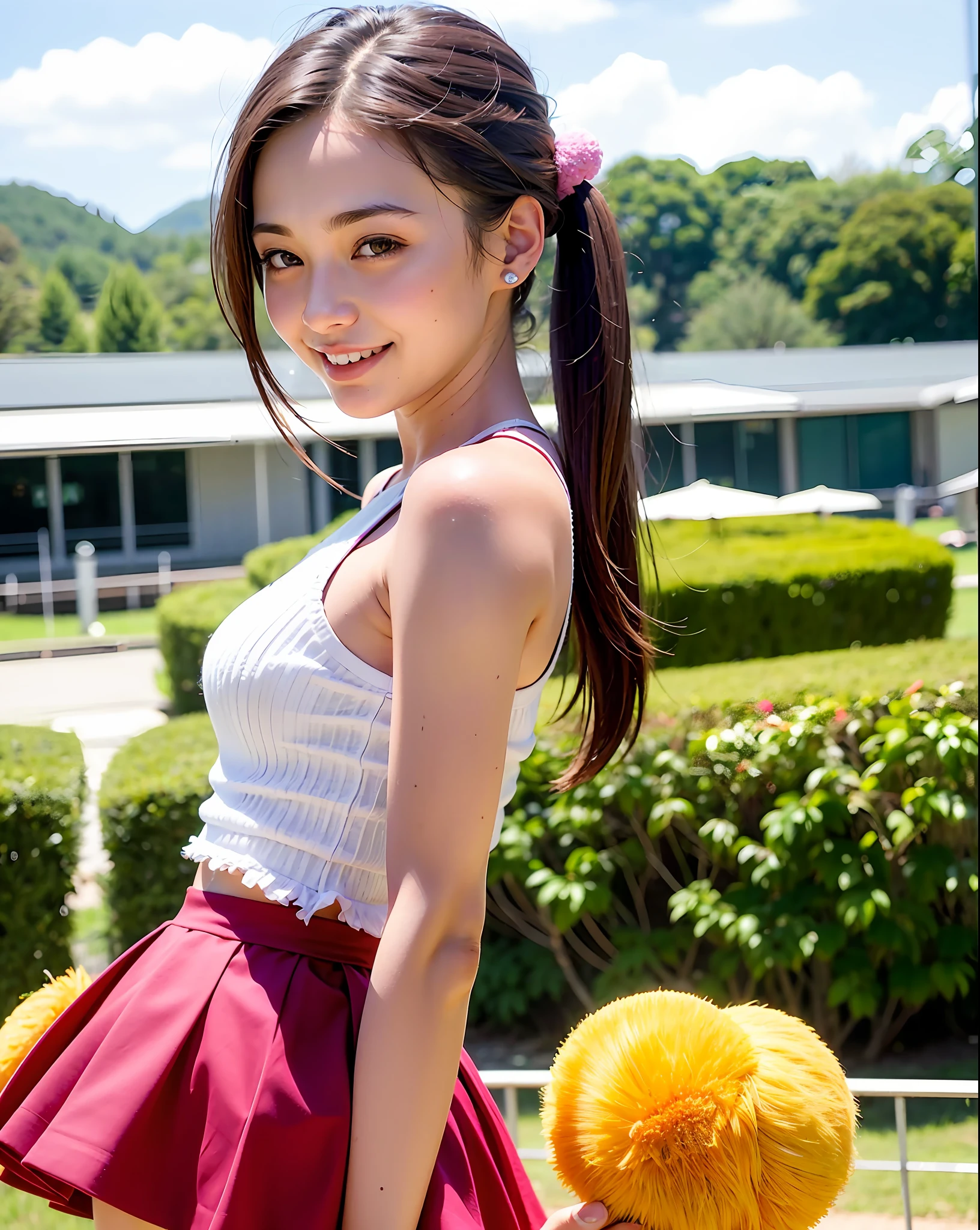 top-quality、Face Focus、超A high resolution、(Photorealsitic:1.4)、(portlate:1.4)、(from the front side) 1 Japan Girls1a person、独奏、cute little、sixteen years old、(full of shyness、A smile: 1.1)、(Brown-eyed)、detailed beautiful faces、(short-hair)、Chromo-white skin、Film Lighting、Blouse、pleatedskirt、a miniskirt、cheerleaders、pompoms、poneyTail、hair adornments、blanche、Upper body portrait、