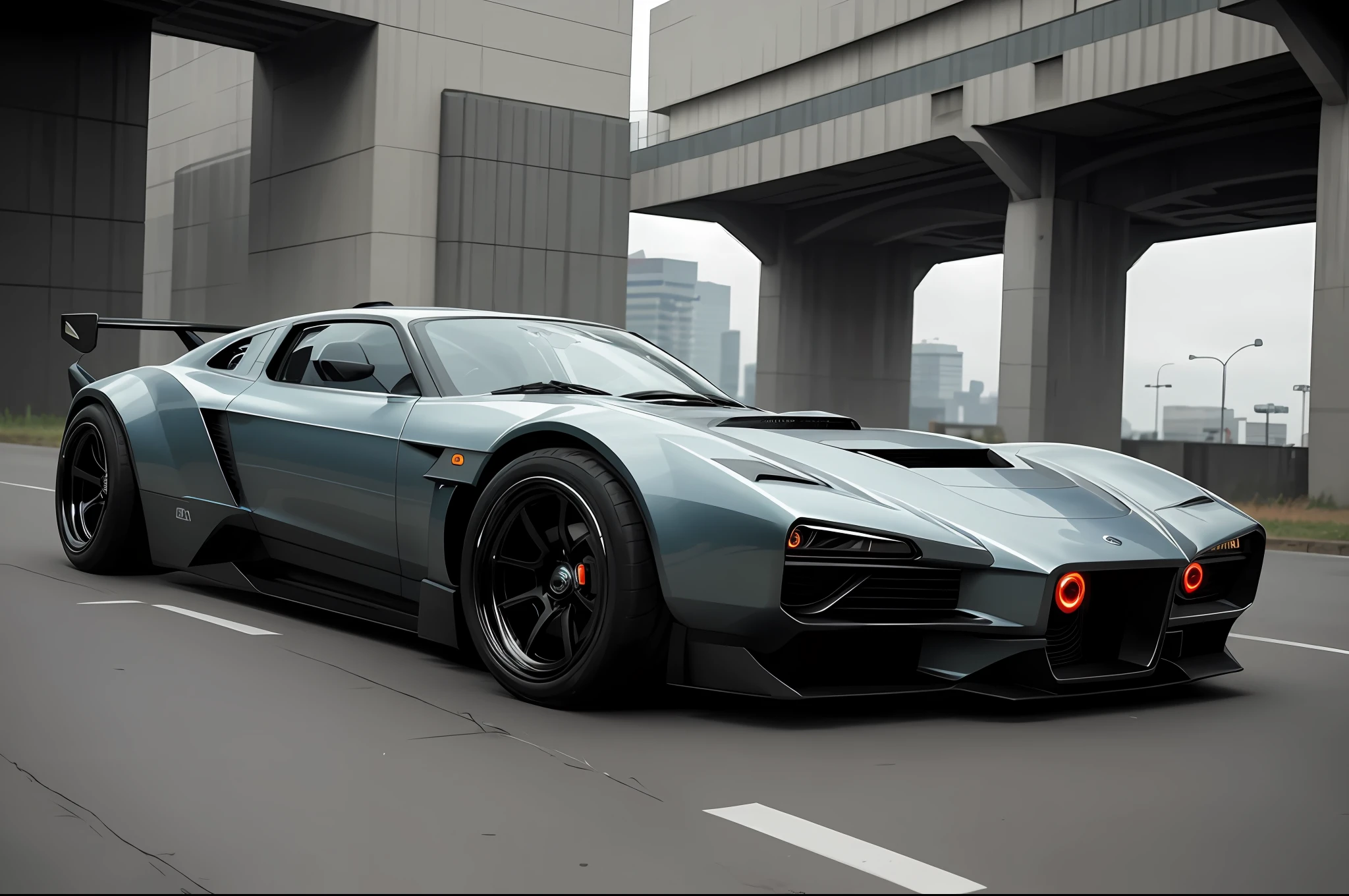 1 car, a 3/4 front view of ((futuristic cyberpunk hotrod zeekars)) (with glowing tires), at the parking lot