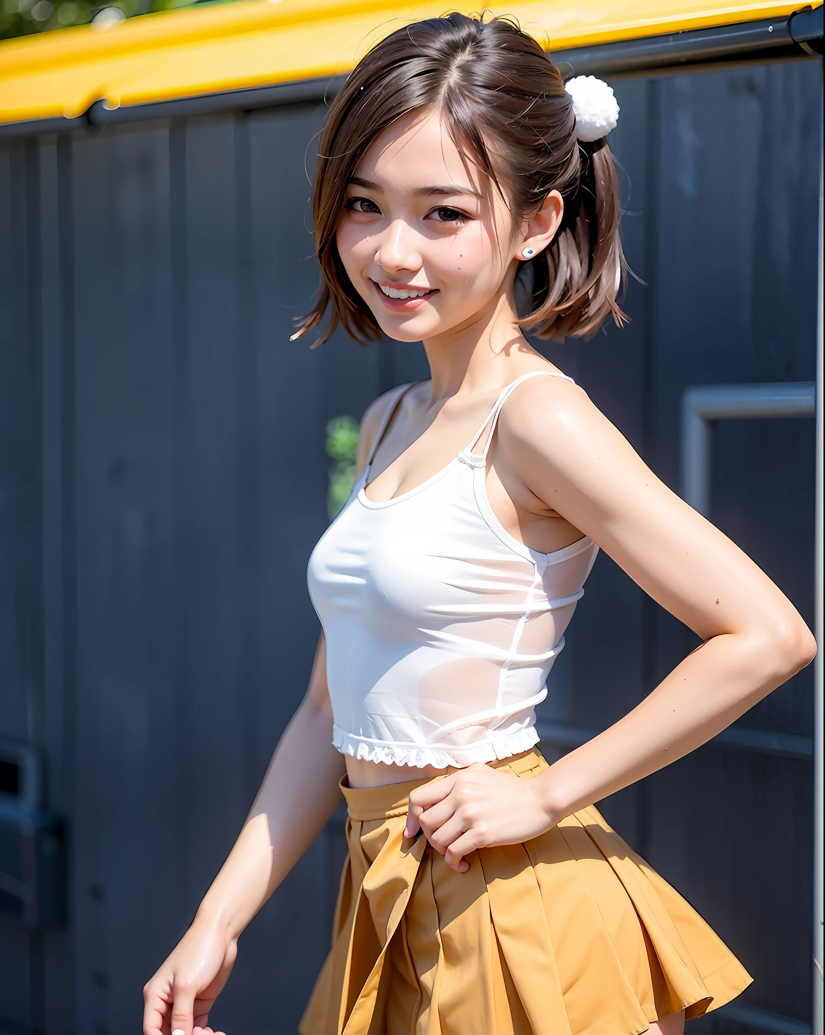 top-quality、Face Focus、超A high resolution、(Photorealsitic:1.4)、(portlate:1.4)、(from the front side) 1 Japan Girls1a person、独奏、cute little、、(full of shyness、A smile: 1.1)、(Brown-eyed)、detailed beautiful faces、(short-hair)、Chromo-white skin、Film Lighting、Blouse、pleatedskirt、a miniskirt、cheerleaders、pompoms、poneyTail、hair adornments、blanche、Upper body portrait、