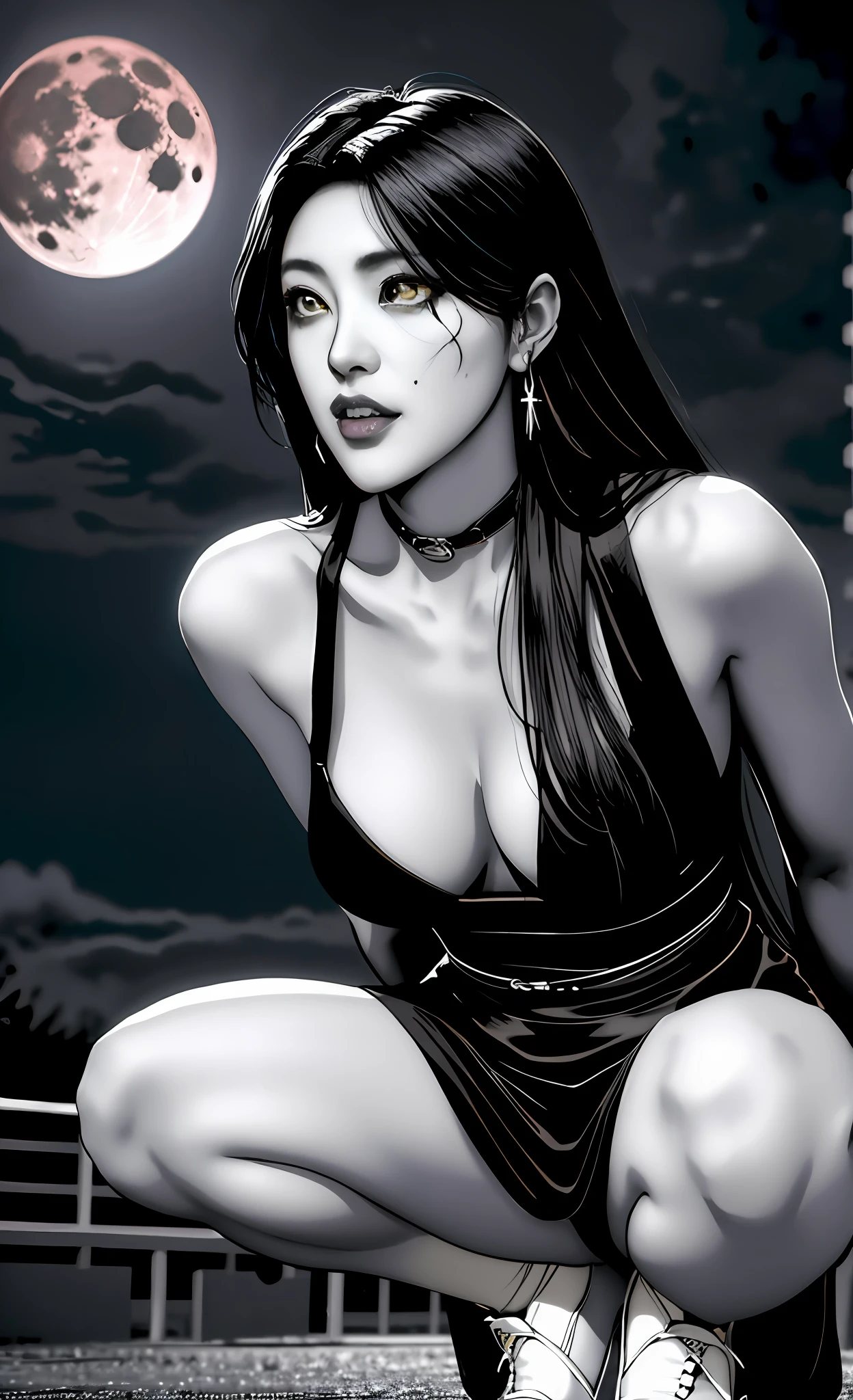 (beste-Qualit), (tmasterpiece), (Gloomy color scheme:1.5), (( Squatting girl)), 1girl, androgynous vampire, junji ito 4 k, with long dark hair, ito junji art, style of junji ito, Dark Costume, portrait of sadako of the ring, Gentle androgynous princess , Beautiful androgynous princess , with her long black hair, Nude Girl, (big yellow eyes:1.3), fangs, detailing, (generous cleavage), Burst breasts, extra high resolution, 8K, (The blood on her lips runs down her neck), (Lovely Medium Breasts), perfect anatomy, (Gloomy color scheme:1.5), (shapely body), Microthongs, Beautiful slender legs, sexypose, white socks, Short socks, (Hands Behind Your Back:1.2), (Looking down), (The gaze is directed downwards), (Night Sky Background: Red Moon)