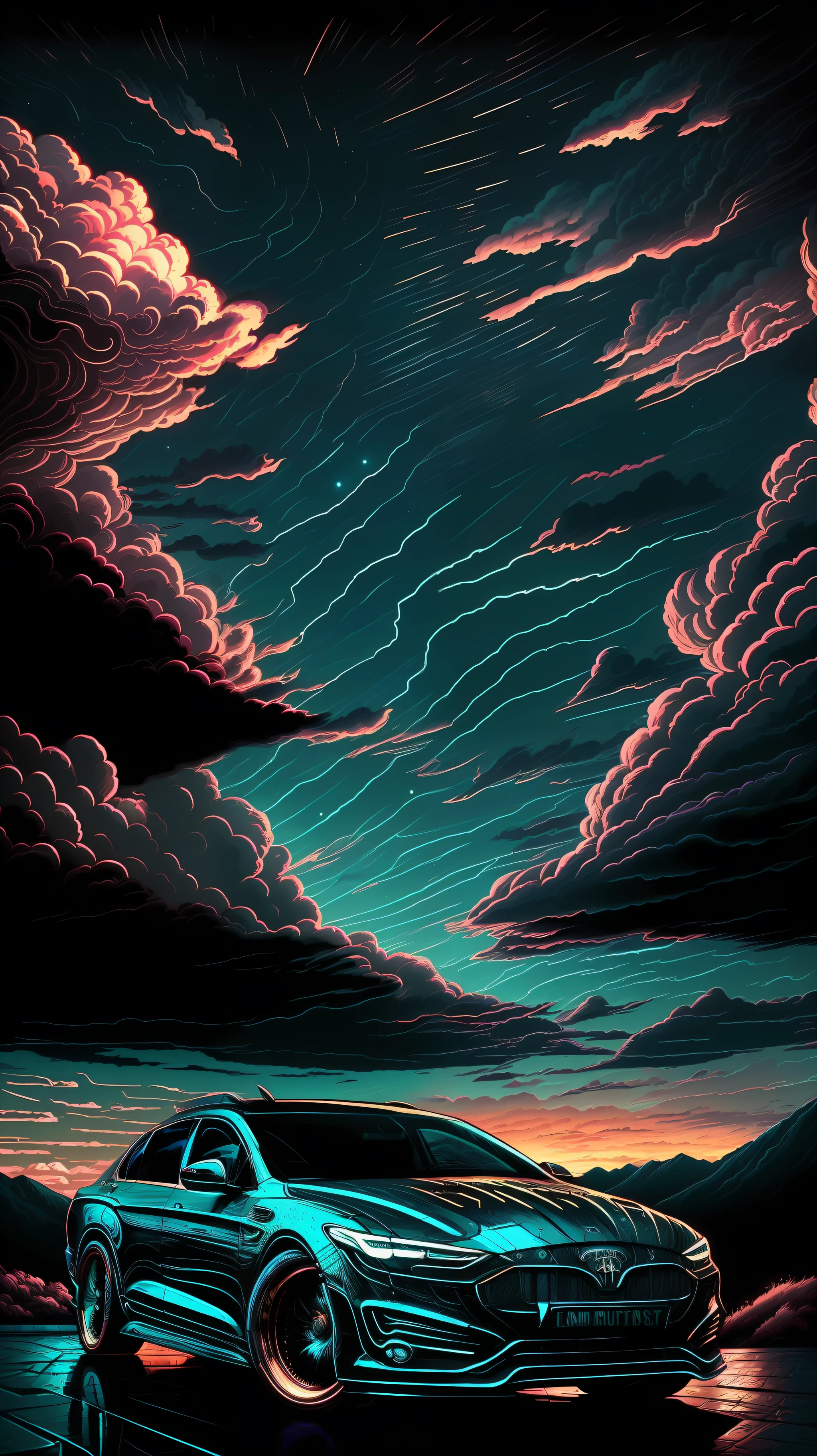 (Annotation:1.2) frontal view (Farari Car, beautiful clouds, the night:1.1) portraite of a, an artistic, Sharp, Dark art;, (Dan Mumford style:1.3), HDR, 真实感, cinematic atmosphere, Lovecraft style, (JimJorCrafLogo Design Style:1.4).