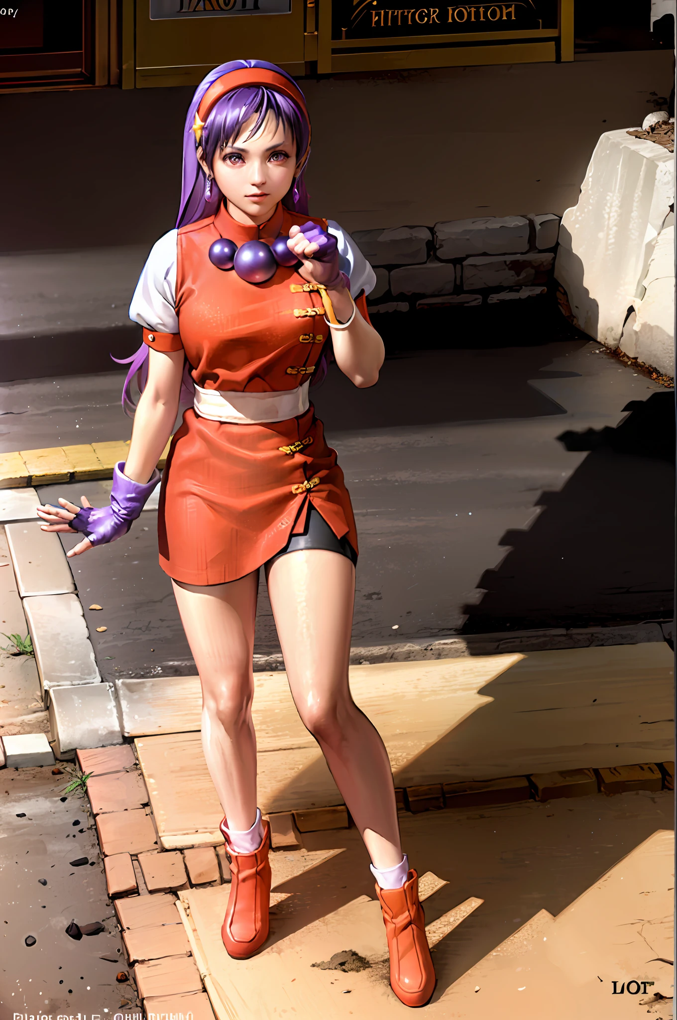 (masterpiece, extremery best quality:1.3), ((depth of field:)), absurdres, (ultra high res, extremery detailed CG, high resolution, realistic, ultra-detailed, Photo, hyperrealistic, ultra-realistic, hyper-detailed, cinematic atmosphere, 8k uhd, insanely detailed, trending on artstation, award-winning glamour photograph, highly detailed photo,top quality, best, official art, beautiful and aesthetic, highres:1.5), ((looking at viewer)), ((1girl)), ((solo)), (((aa1, purple hair, long hair, hairband, long hair, necklace, bike shorts, earrings, red dress, puffy short sleeves, white sleeves, wristband, fingerless gloves,serious, (blush:0.8), open hand, hold fists, fighting stance:1.7))), (((city, sidewalk, buildings, (night:1.5), city lights, neon lights, outdoors, cyberpunk, cozy, street background:1.6))), (young cute beautiful 18-year-old girl:1.2),(eye focus, face focus:1.1),  (dutch angle, cowboy shot :1.5), (dynamic angle, dynamic pose :1.2), medium breasts, stunning innocent symmetry face, emotional, flat bangs, studio ghibli, (bloom, analog:1.2), (painting, digital painting, concept art, Oil Painting, illustration :1.1),golden hour, Classical art, canvas texture, Renaissance, Romanticism, Neoclassicism, delicate brushwork, fine detail, Color Palette, depth and contrast, Vibrant colors, (rich saturation:1.2), color harmony, vivid palette, complementary colors, {{{painted in the style of Abstract art}}}, concept-art, detail_face, line_sketch, design style, multi style, detail character, massive detail, Highly detailed, concept render,((extreme detailed,colorful,highest detailed,lomography, (analog photography:1.2), soft focus, light leaks, dreamy atmosphere, experimental charm, nostalgic appeal )), BREAK, <(finely detailed face, golden ratio, golden ratio face, expressive eyes, perfect face, perfect skin, perfect body, flawless face, clear face, shiny hair, pale skin, Proper body proportion, perfect anatomy, realisti