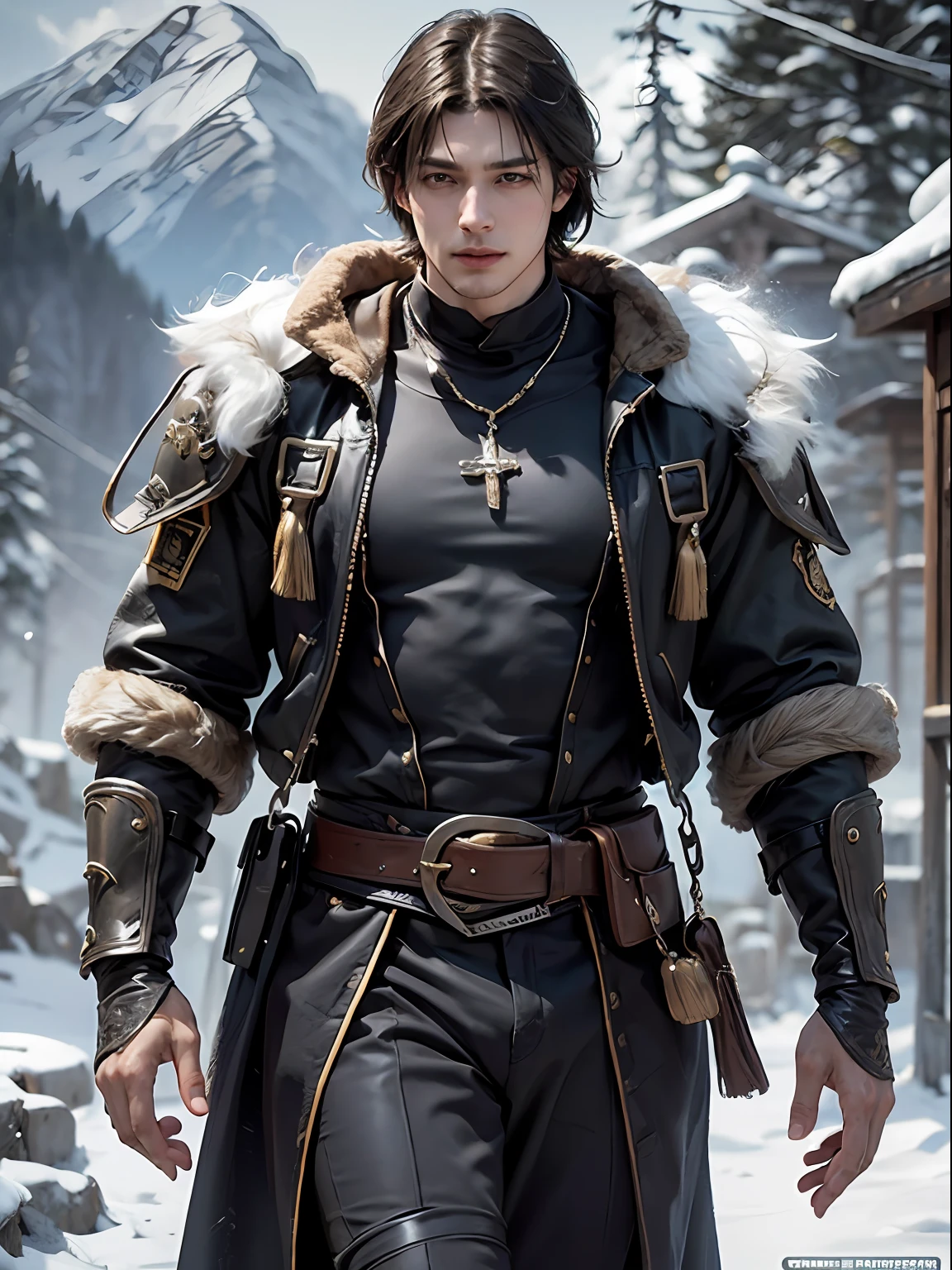 (More than half body) (slightly smiling), 1man, God of Frost, king, solo focus, adult, pale and young adult face, short black hair, black silk robe with golden lining,  strolling, serene mountain retreat, dusk in the castle of frost, realistic, dynamic pose realistic, detailed and correct facial structure, blades ornaments, LEON S. KENNEDY, handsome, attractive, slightly muscular, cinematic lighting, unreal engine, trending on ArtStation, intricate details,  masterpiece, best quality, by Irakli Nadar, Greg Rutkowski，(((best quality))),(((ultra detailed))),(((masterpiece)))