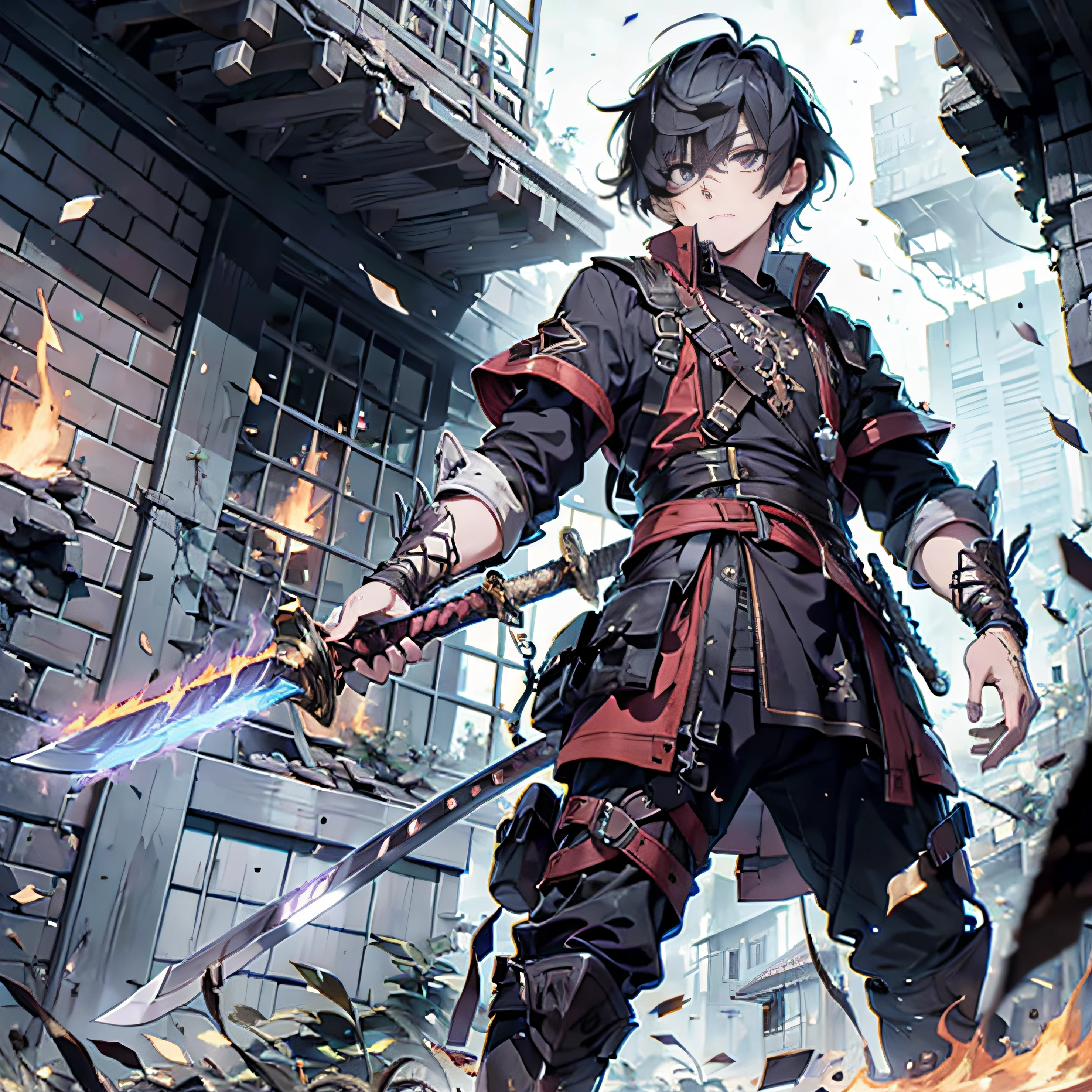 2 Boys,2boy,2 Anime boy,With a sword,Wield this sword,A sword surrounded by red flames,Wield this sword,ultra - detailed,Handsome face,full bodyesbian,Ultra-long viewing angle,visto ao longe,from below, Look up, Ruined suburbs,Dilapidated old house,background inside dark,Ultra-long viewing angle,A dilapidated house in the distance,sword-wielding,sword-wielding