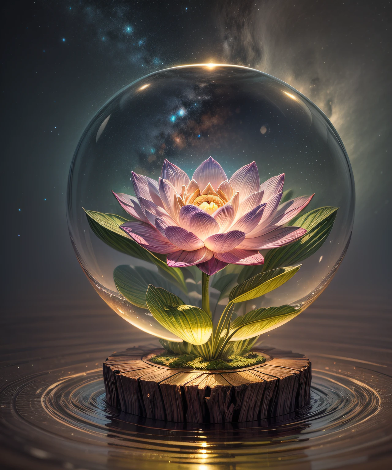 Bio-luminescence, lotuses, the night, waterface