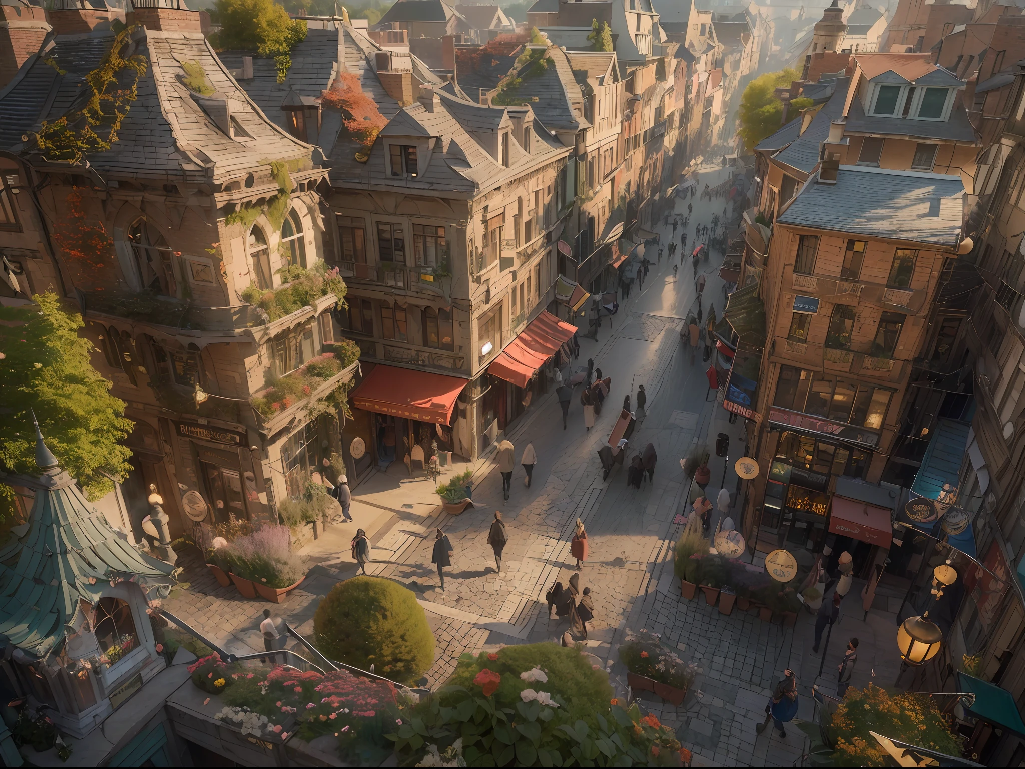 "(ultra-detailed CG unity 8k wallpaper, masterpiece, best quality, depth of field, HDR, intricate), (by Greg Rutkowski: 1.2), City of wind, bustling streets, medieval fantasy buildings, vibrant atmosphere, dynamic angles, architectural marvels, busy pedestrians, swirling leaves, sunlight piercing through buildings, urban energy, lively cityscape, windy."