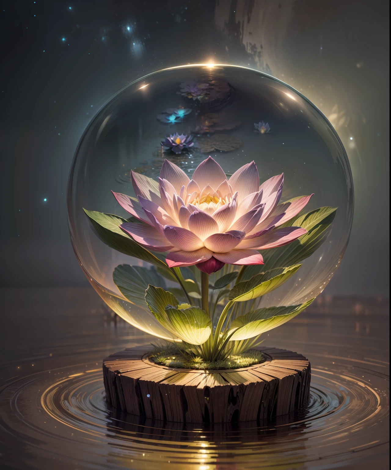 Bio-luminescence, lotuses, the night, waterface