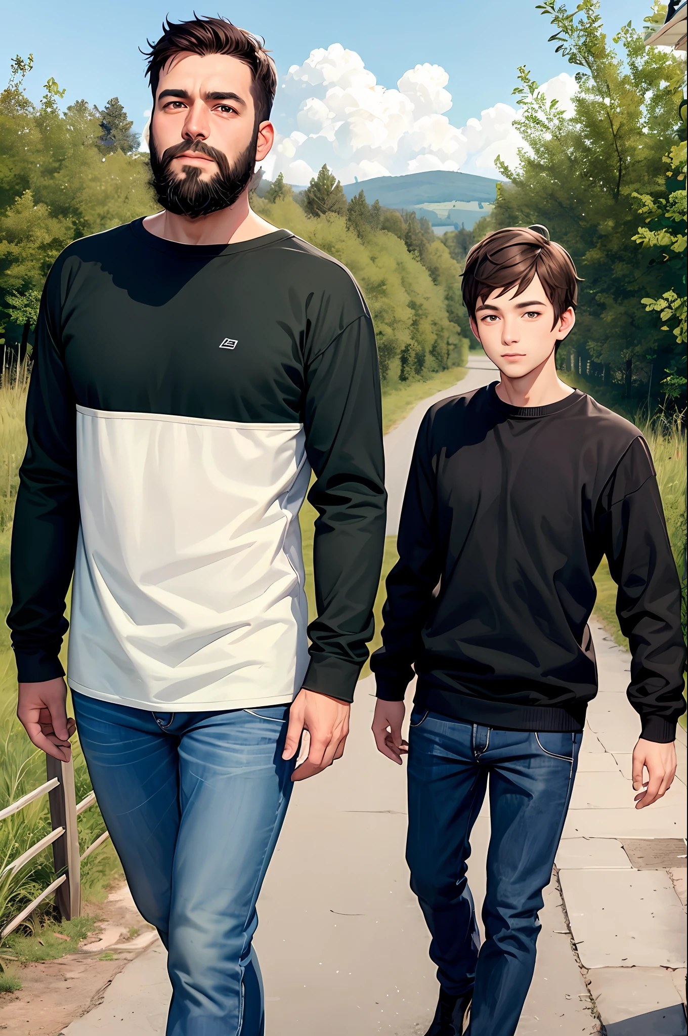 Adult man with beard and dark brown hair, dark brown eyes, black sweatshirt with green details, In the countryside, Russia