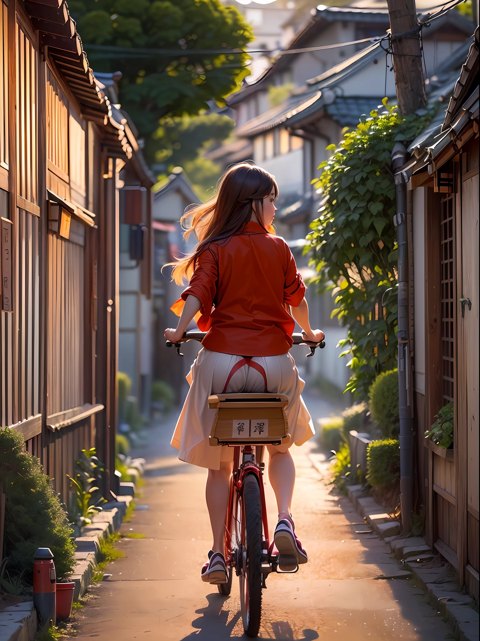 masterpiece, high resolution, photo-realistic:1.4), (Japanese girl:1.3), (heading to morning class:1.2), (riding her vibrant red bicycle:1.2), (flowing brown hair dancing in the wind:1.3), (serene and narrow street:1.2), (sparsely populated:1.1), (traditional Japanese houses lining the road:1.2), (soft morning sunlight:1.2), (peaceful and quiet ambiance:1.2), (Canon EOS R5 mirrorless camera:1.2), (paired with a Canon RF 35mm f/1.8 IS Macro STM lens:1.2), (capturing intricate details and colors:1.2), (ensuring sharpness and clarity:1.1), (highlighting the girl's natural beauty:1.2), (celebrating the charm of a tranquil morning ride:1.1).