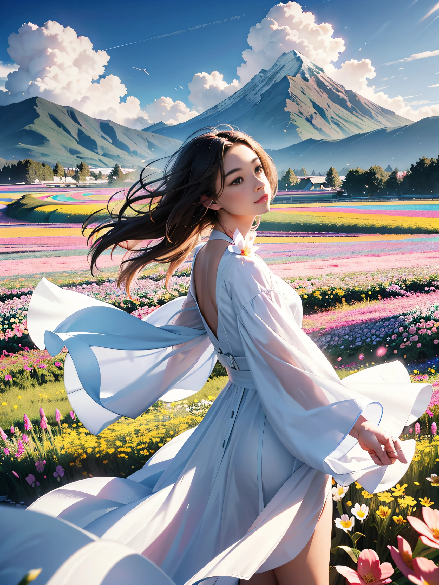 1girl, dynamic angle, cloud and mountain, (flower field:1.4) in the foreground, white dress, light tracing, (floating colorful wind:1)
(photorealistic:1.4), official art, unity 8k wallpaper, ultra detailed, beautiful and aesthetic, masterpiece,best quality, glowing skin, cinematic lighting, light smile