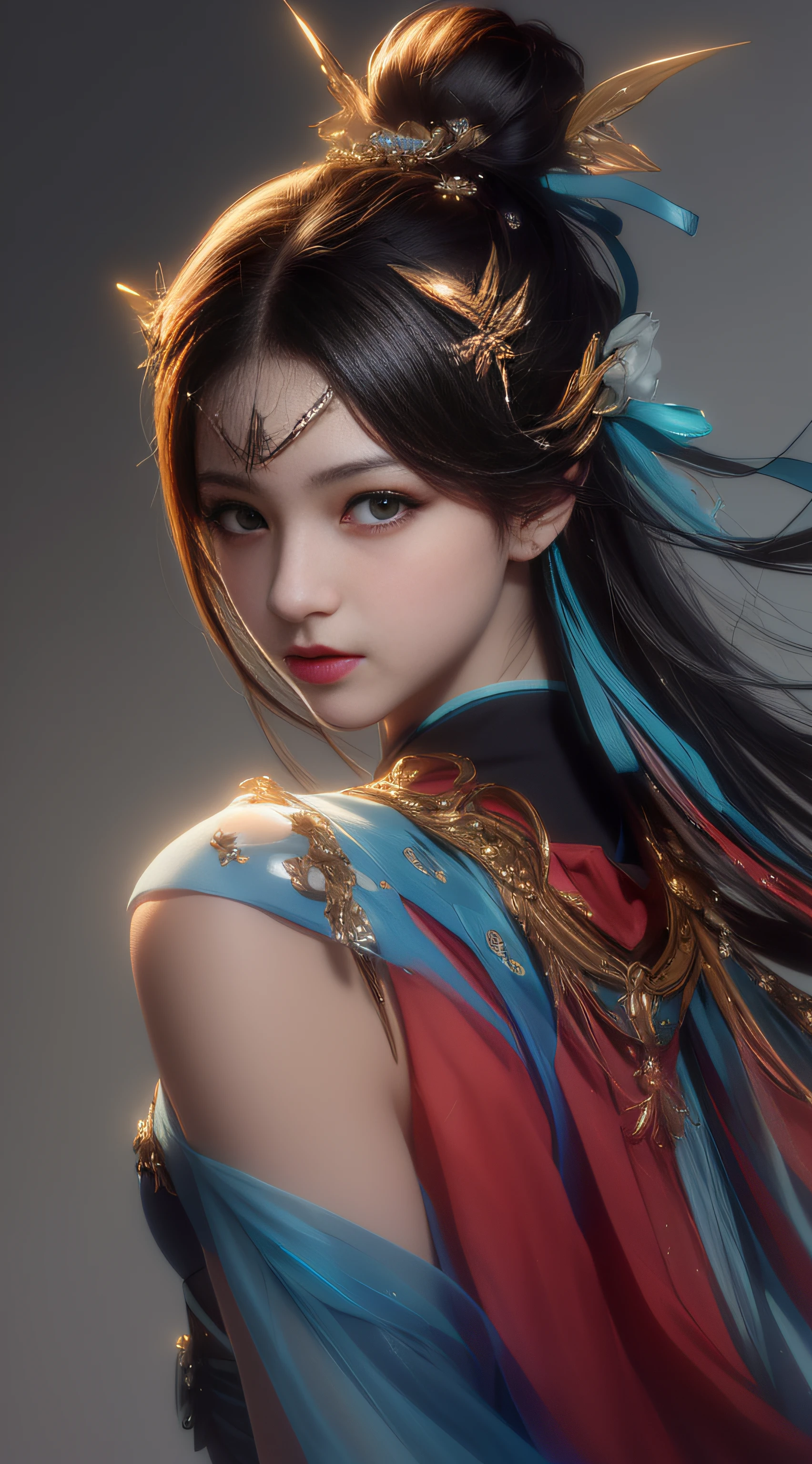 (8k, RAW Photos: 1.2), Best Quality, Illustration, Beautiful Painting, 1 Woman, Beautiful Face, Delicate Skin, Gorgeous Bun, Hair Accessories, Hanfu, Full Body, High Detail, Accent, Color Ink Painting, Splash Color, ((((colorful))), lycoris, sketch, denoising, ink splash, dramatic, cinematic, particle effects, fairy style, white background, super high resolution, best shadow, RAW, (HDR) (wallpaper) (cinematic lighting) (sharp focus), masterpiece, (Very detailed CG unified 8k wallpaper)