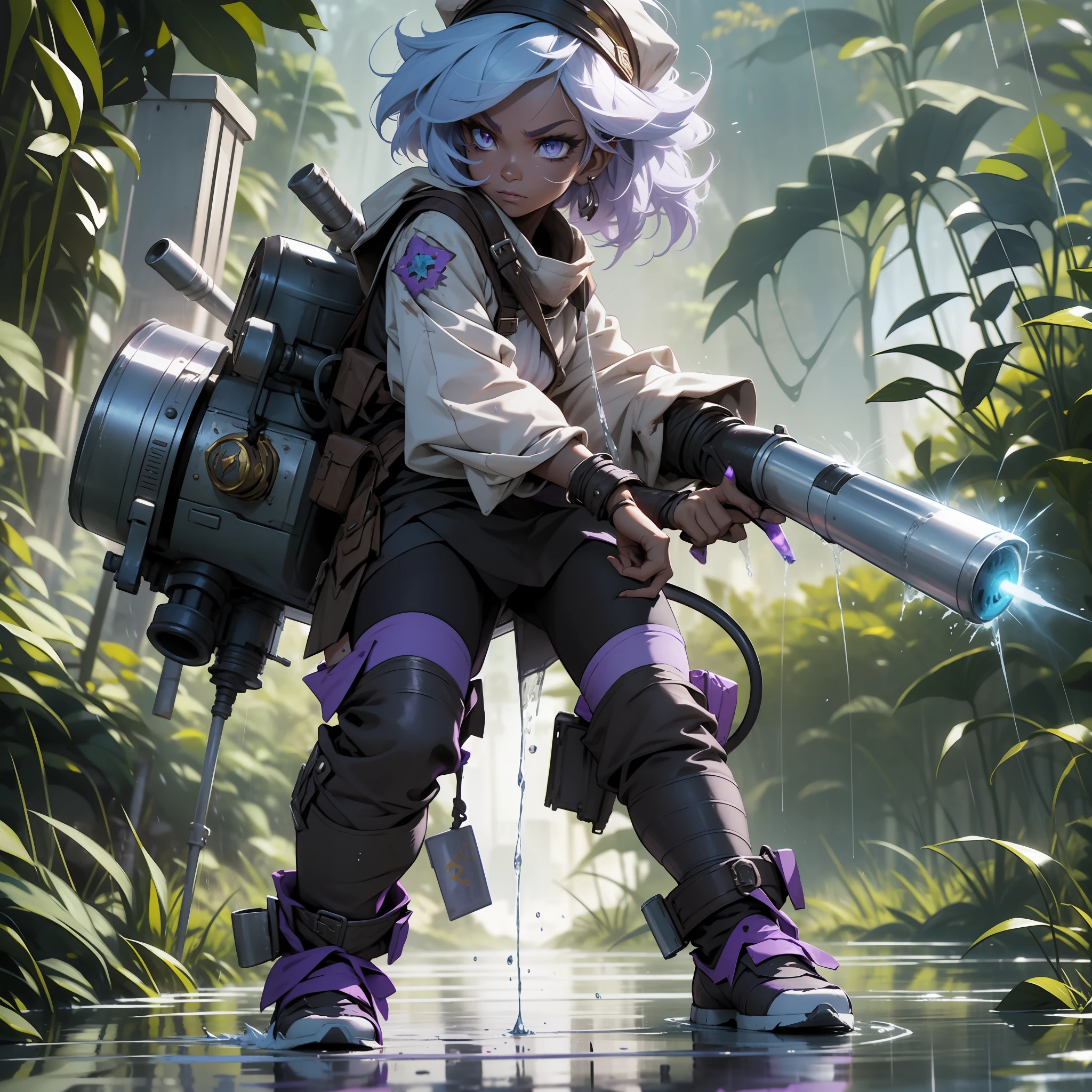 "A fierce 3-foot-4-inch warrior with tattered clothing and light purple skin, Tristana, holding a rocket launcher, stands firmly on the rain-soaked ground."