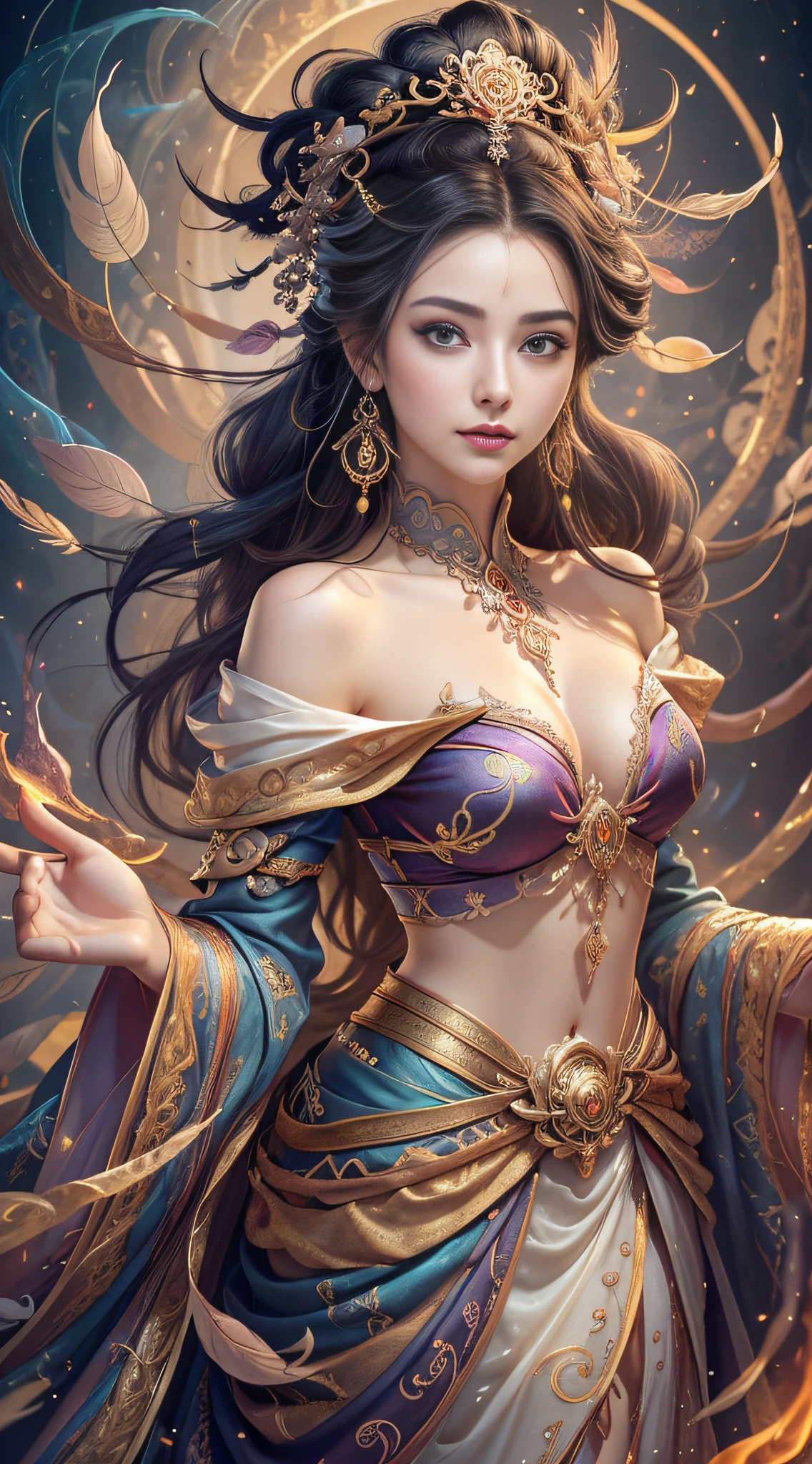 Smooth and dynamic girl, wearing a loose and flowing pink dress, mysterious expression, curly black-pink hair, [Aishwarya Rai], bold and colorful abstract art in a modern and abstract environment, blurred background, bright lights, official art, Unity 8k wallpaper, (zentangle, mandala, tangled, tangled), complex clothes, stroke (whole body, from all directions, masterpiece, top quality, best quality, official art, Beauty and aesthetics: 1.2), very detailed, (fractal art: 1.1), (color: 1.1) (flowers: 1.3), highest detail, (zentangle: 1.2), (dynamic pose), (abstract background: 1.3), (shiny skin), (multiple colors: 1.4), (feathers: 1.5), dynamic angle, most beautiful chaotic forms, elegant, fauvist design, bright colors, romanticism, dark style beautiful princess of the underworld spooky bad smile complex tattoos Anime 3D Art Style 3D Dark Night Deep Black Sky Horror ((Cold Complex Skull Accessories )) (Guvez style artwork) ((Black Chinese-style underground palace with huge complex structure in background)) Leica lens Depth of field (Masterpiece, top quality, best quality, official art, Beauty and Aesthetics: 1.2), (1girl: 1.3), (Fractal Art: 1.3) (Masterpiece, Top Quality, Best Quality, Official Art, Beauty and Aesthetics: 1.2), (1girl), Extreme Detail, Colorful, Highest Detail, Official Art, Unified 8k Wallpaper, Ultra Detailed, Beautiful and Aesthetic, Beautiful, Masterpiece, Best Quality, (Zentangle, Mandala, Tangled, Entangle), Holy Light, Gold Leaf, Gold Foil Art, Glitter Drawing, PerfectNwsjMajic M Desfi masterpiece, the best quality, hair becomes fire, hair is on fire, fantasy, (Ray: 1.05), Orange Light Particles, Landscape, Fire, Beautiful and Detailed Explosion, Beautiful Detailed Glow, Flame Burning Around, Flame Burning Around, Fire Feather, Burning, Ash, (Red Sun: 1.05), (Flame Around Character: 1.1), Solo, Crazy Smile, (Detail: 1.05), High Resolution Illustration, Radiant Skin, Colorful, (Ultra Fine: 1.1), (Illustration: 1.05), (Detail Light: 1.05), (Extremely Delicate Beautiful: 1.1), Beautiful Detail Girl, Depth of Field, White_long_hair, orange_eyes, eyelashes, dark eyelashes, eyeliner, soft glowing eyes, (masterpiece, top quality, best quality, official art, beauty and aesthetics: 1.2), (1girl: 1.3), very detailed, (fractal art: 1.1), (color: 1.1) (flowers: 1.3), most detailed, (zentangle: 1.2), (dynamic pose), (abstract background:1.3), (shiny skin), (many colors:1.4), ,(earrings), (feathers:1.5), (flamethrower:1.3), red background, phoenix skirt, (masterpiece, top quality, best quality, official art, Beauty and Aesthetics: 1.2), (1girl: 1.3), (fractal art: 1.3), Masterpiece, (Best quality: 1.2), (Ultra Fine: 1.2), Illustration, (Extremely delicate and beautiful: 1.2), Cinematic angle, floating, (Beautiful detail eyes: 1.1), (Detail light: 1.1), Cinematic lighting, exquisite sky, woman, white hair, blue eyes, (high ponytail: 1.1), cape, glowing eyes, (moon: 1.2), (moonlight: 1.1), starry sky, (light particles: 1.1), fog, snow painting, sketching, blooming,anime girl in white dress with flowing hair and stars, Guvez style artwork, fantasy art style, beautiful digital artwork, beautiful character painting, Yang J, beautiful digital illustration, stunning digital illustration, 8k high quality detail art, li song, guvitz, digital fantasy art), beautiful fantasy art, trending on cgstation, (masterpiece, top quality, best, official art, beautiful and aesthetic, Long exposure: 1.2), smooth movement, charming pattern, (long skirt with sleeves: 1.3), upper body close-up, no shoulders, chinese girl, blush, black lob hair, portrait, solo, upper body, gaze observer, detailed background, detailed face, (crystallineAI, crystalline theme:1.1), dynamic pose, floating particles, ethereal power, vapor, ethereal atmosphere, official art, unified 8k wallpaper, Beauty and Aesthetics, Masterpiece, Best Quality, (Zentangle, Mandala, Tangled, Entangled), (Fractal Art: 1.3), 1girl, Very Detailed, Dynamic Angle, Cowboyshot, Most Beautiful Forms Chaotic, Elegant, Fauvist Design, Bright Colors, Romantic, Atmospheric, Ecstatic Notes, Streaming Notes Visible, Sparkle, Bloom, Anaglyph, Glowing Light, cinematic lighting, projected inset, character chart, UHD, masterpiece, super detail, textured skin, high details, high qualit award winning, best quality-V6 --q2 --s750